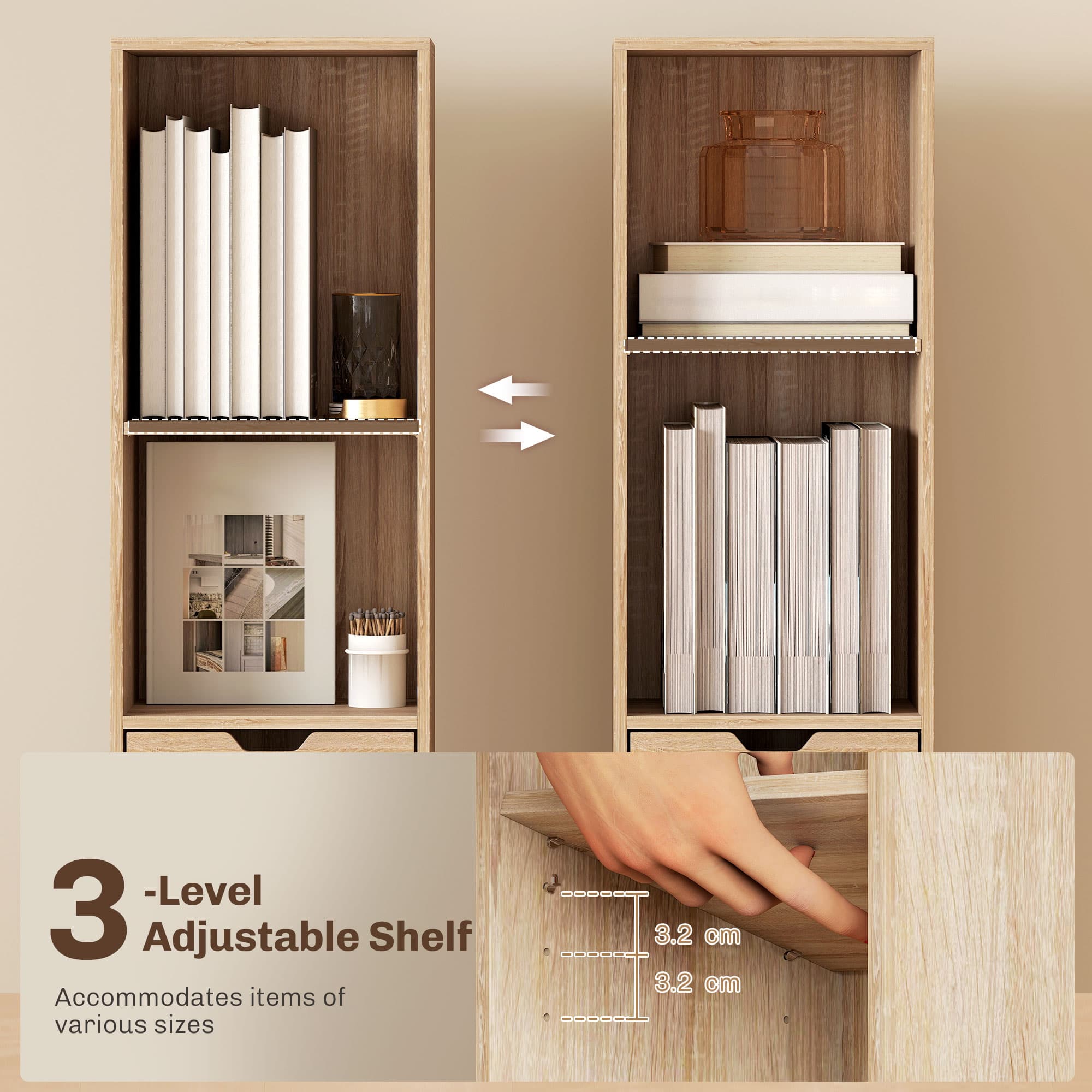 Tall Narrow Bookcase with Open Shelves, Drawer and Door – Natural Wood - image 7