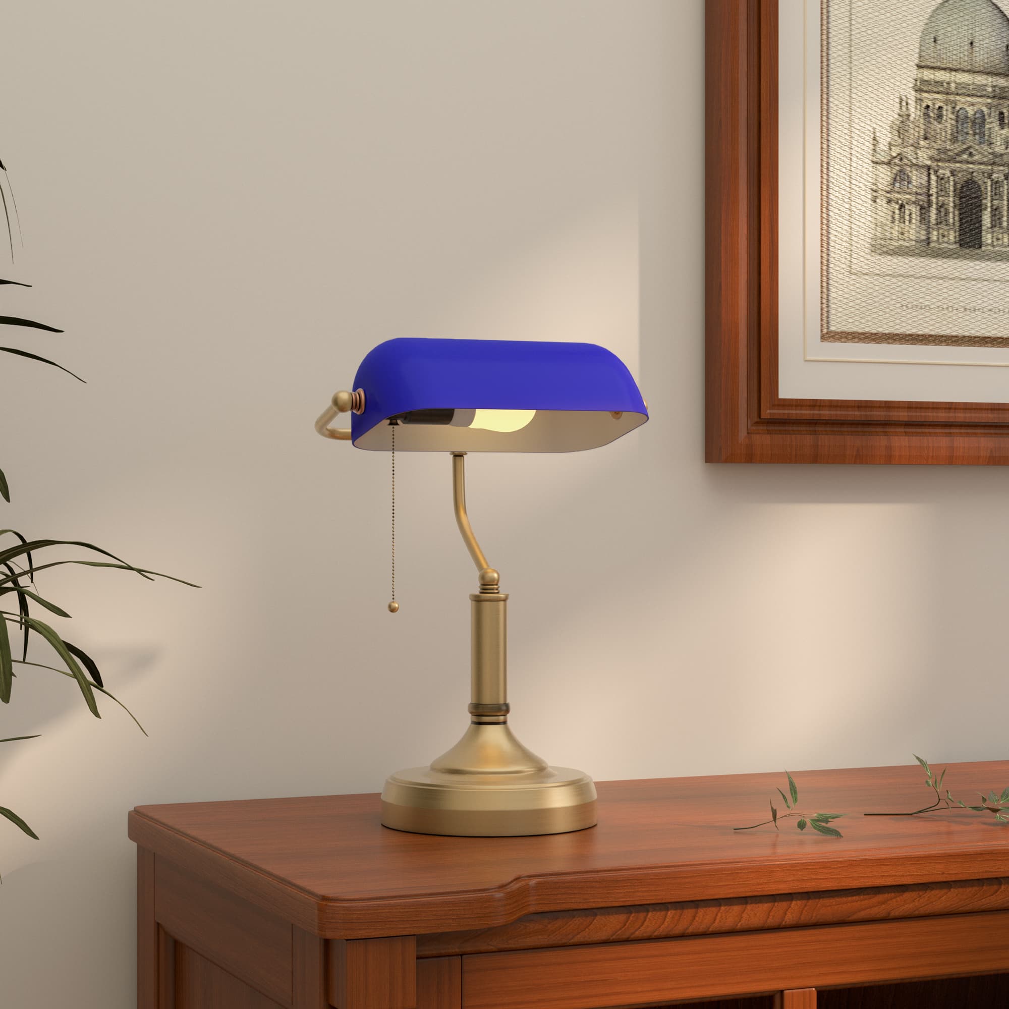 Banker's Desk Lamp — Blue Glass Shade, Pull-Chain Switch - image 2