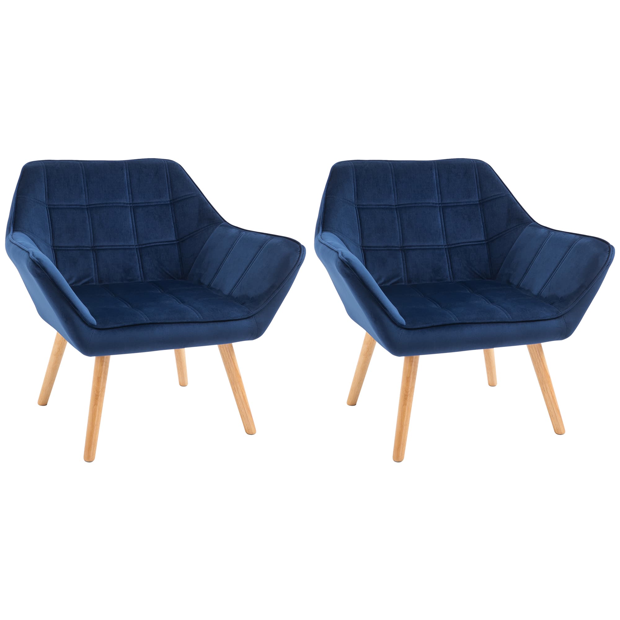Blue Velvet Accent Chairs With Quilted Seat – Set of 2 - Blue