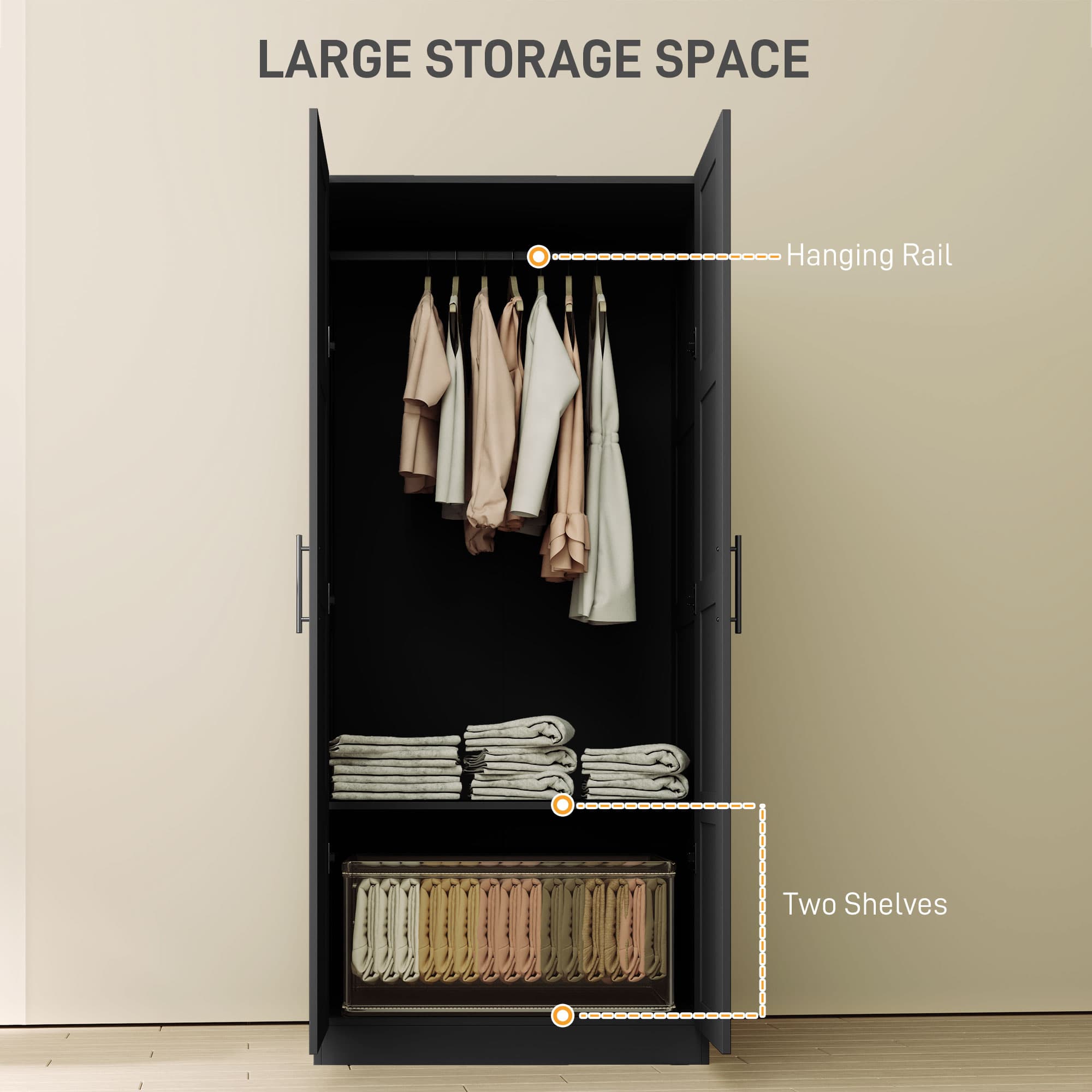Black Two-Door Bedroom Wardrobe — 76cm Rail and Twin Shelves - image 4