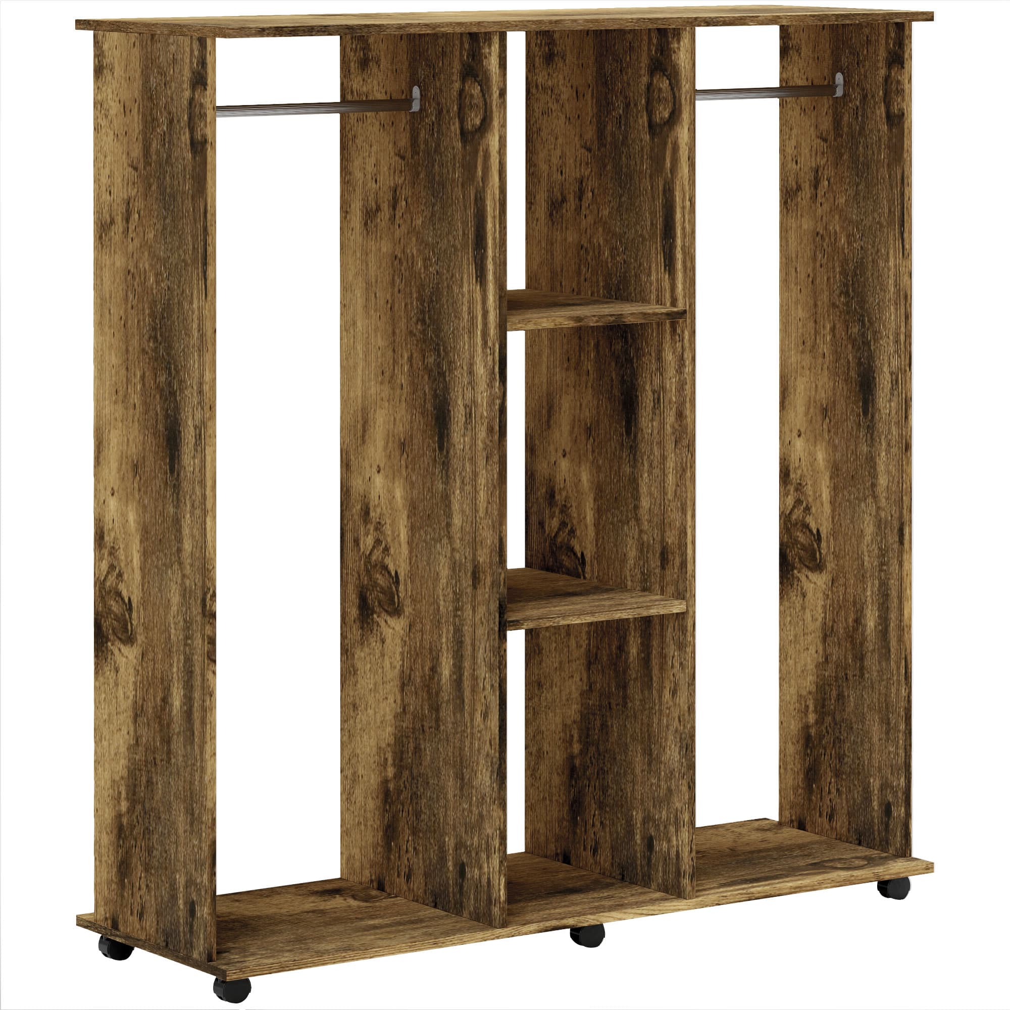 Two-Rail Open Wardrobe with Shelves on Castors, Rustic Brown