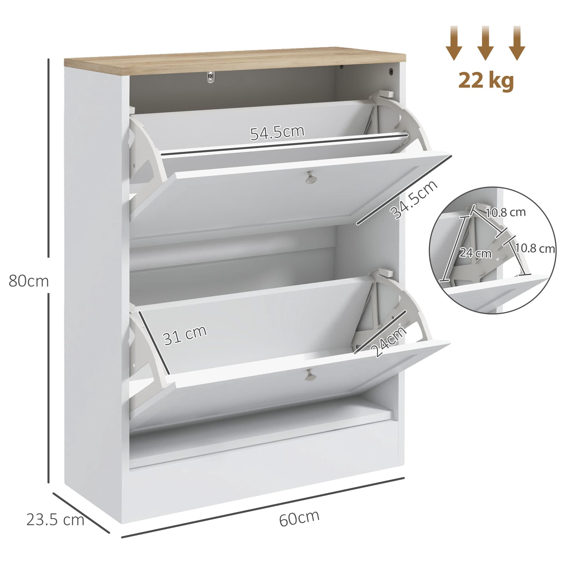 White Shoe Cabinet With Two Flip Drawers and Oak-Effect Top - image 9