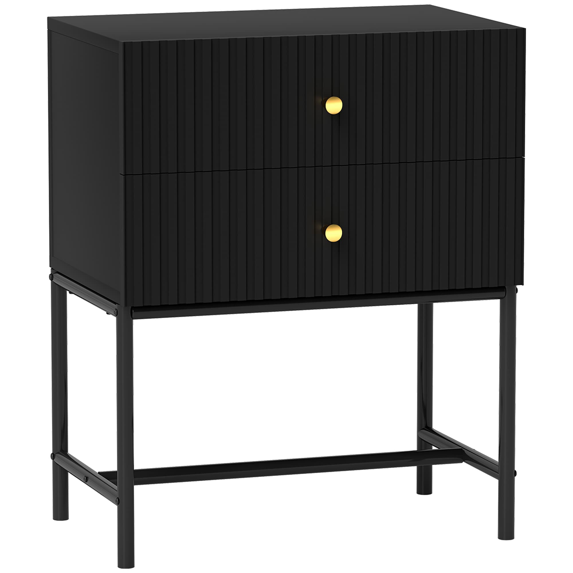 Elegant Black Two-Drawer Bedside Table with Gold Accents - Black
