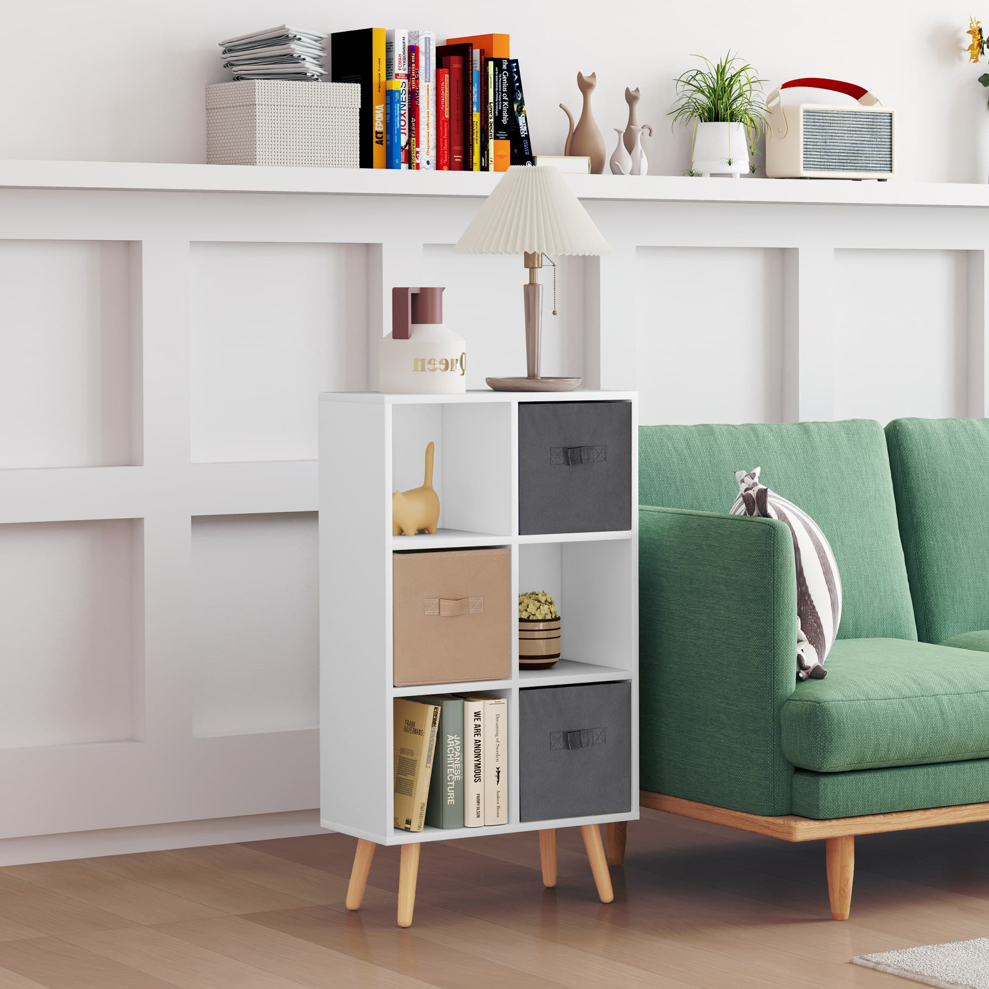 White 6-Cube Unit with 3 Fabric Drawers and Scandi-Style Legs - image 2
