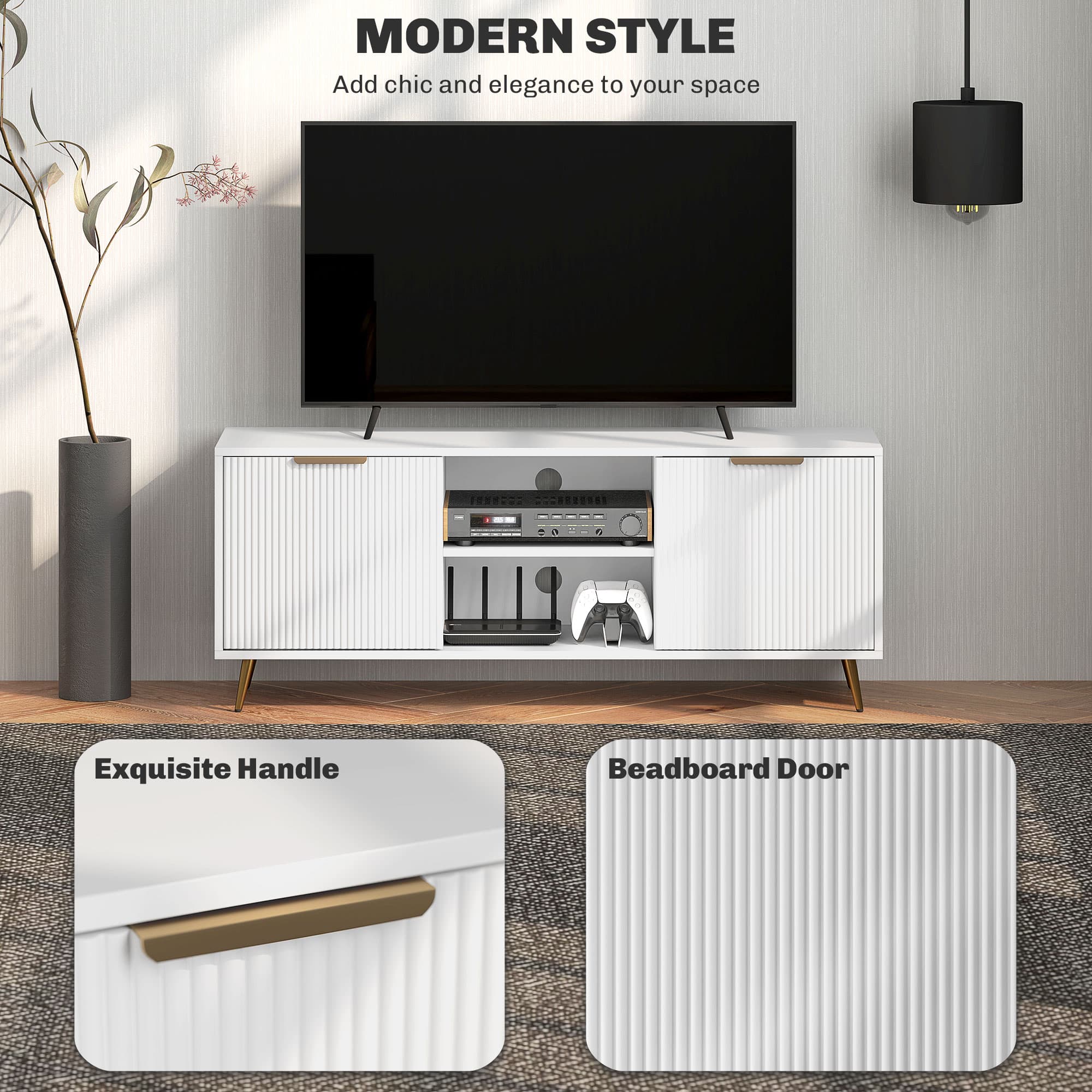 White TV Stand with Fluted Doors and Brass Tapered Legs - image 3