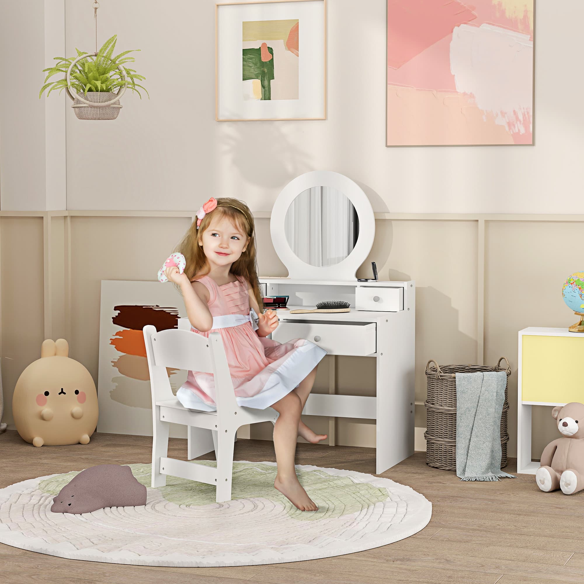 A kids' vanity table and matching chair set with a round mirror - image 2