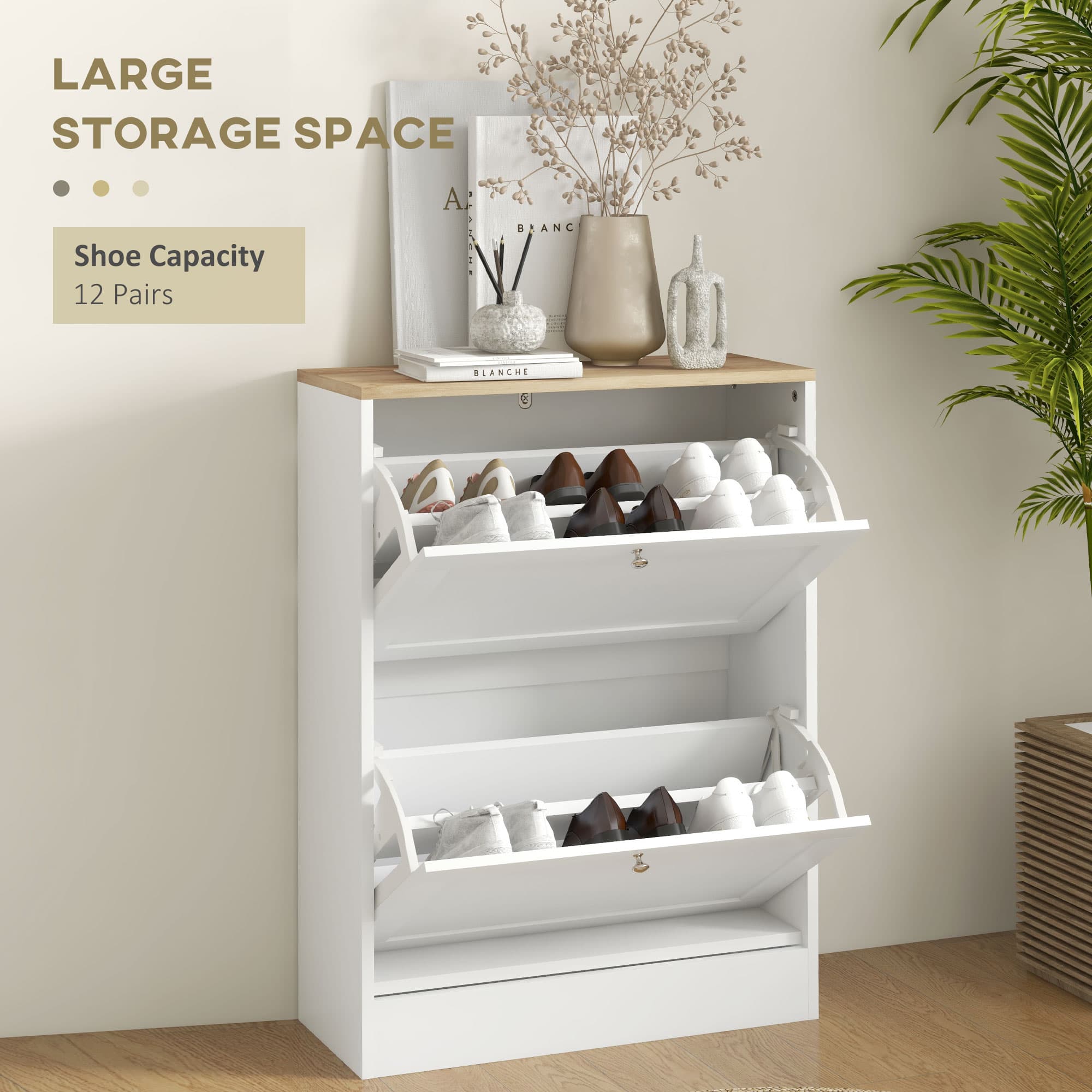 White Shoe Cabinet With Two Flip Drawers and Oak-Effect Top - image 6