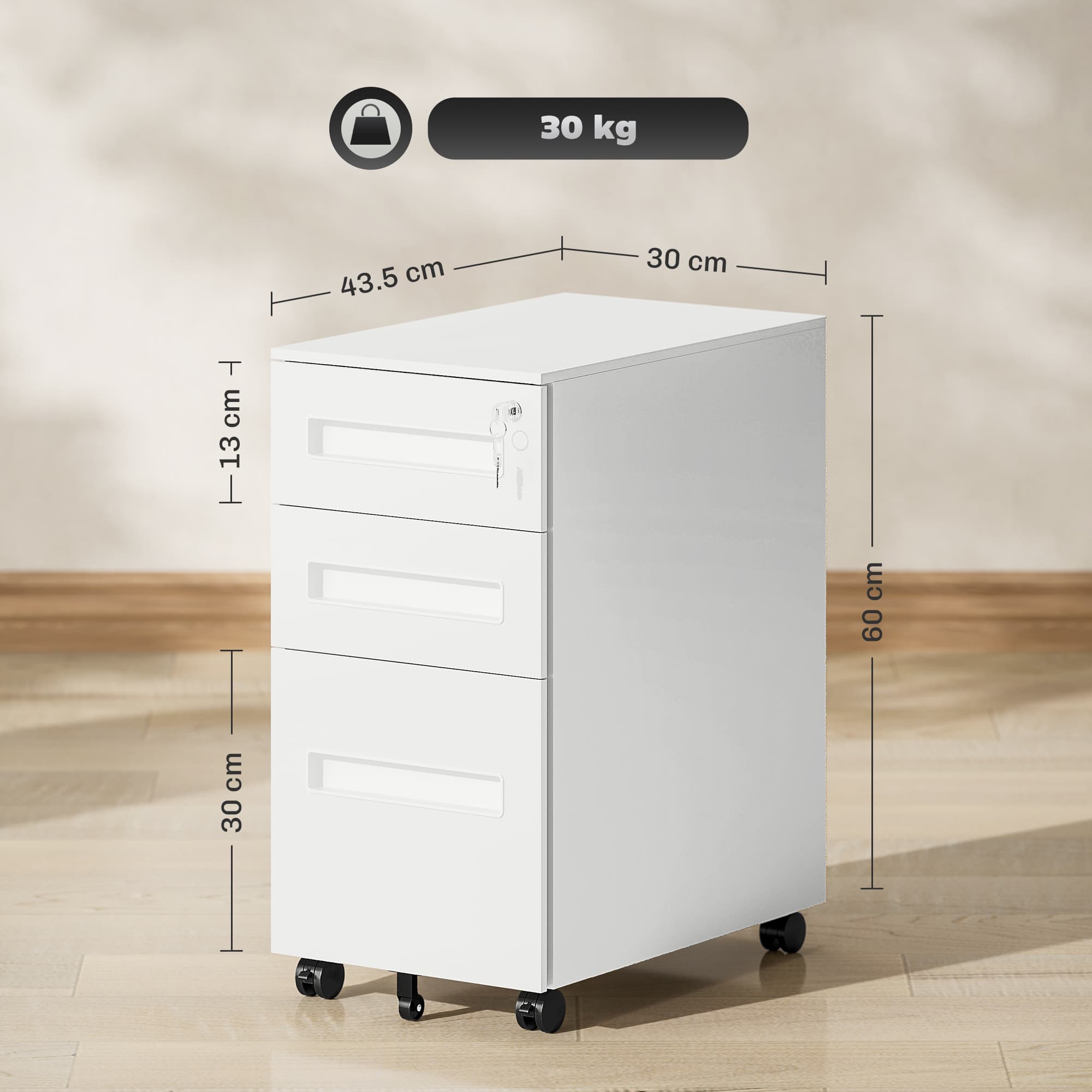 3-Drawer Steel Filing Cabinet with Castors – Fits Under a Desk - image 1
