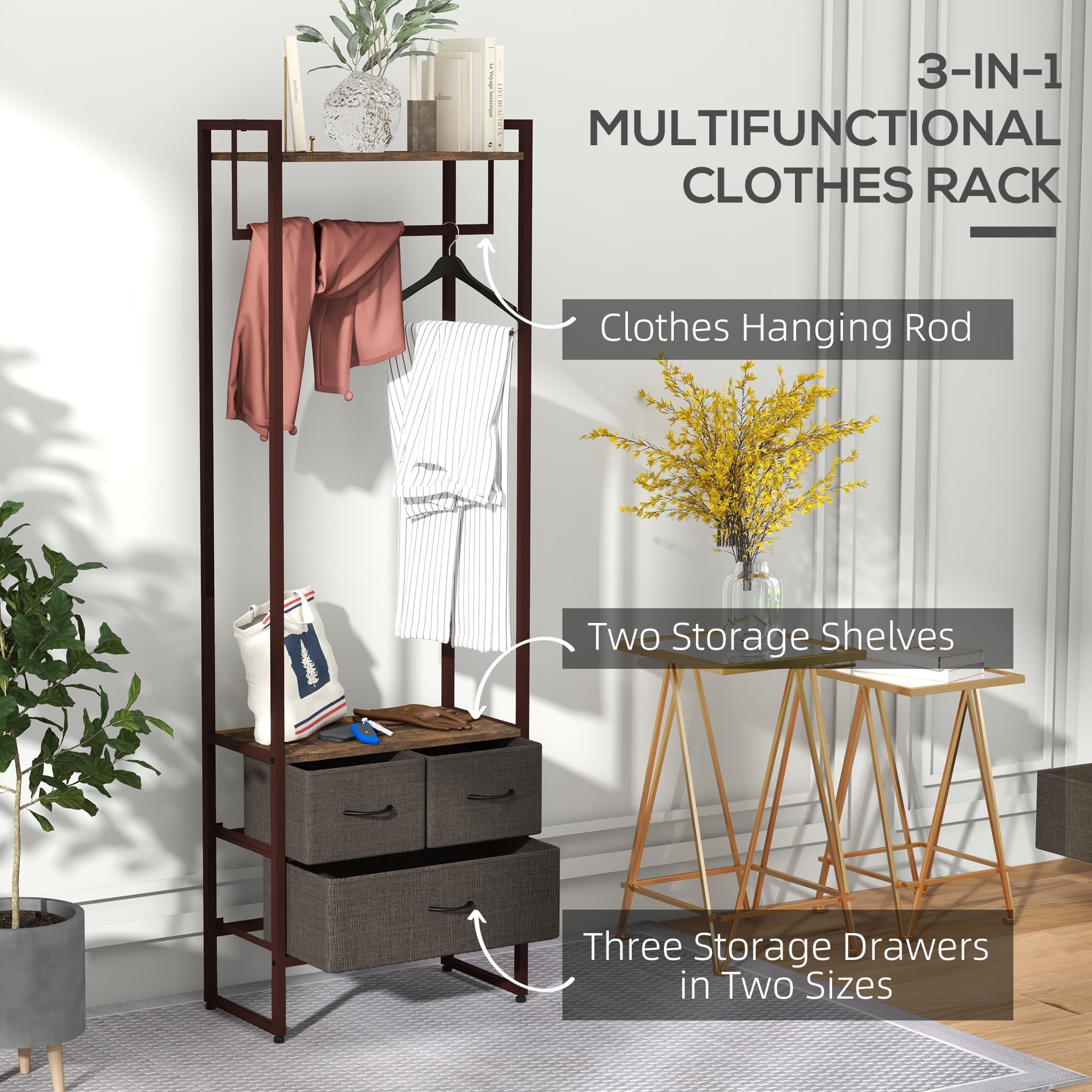 Freestanding Clothes Rail with Storage Drawers and Shelf - image 3