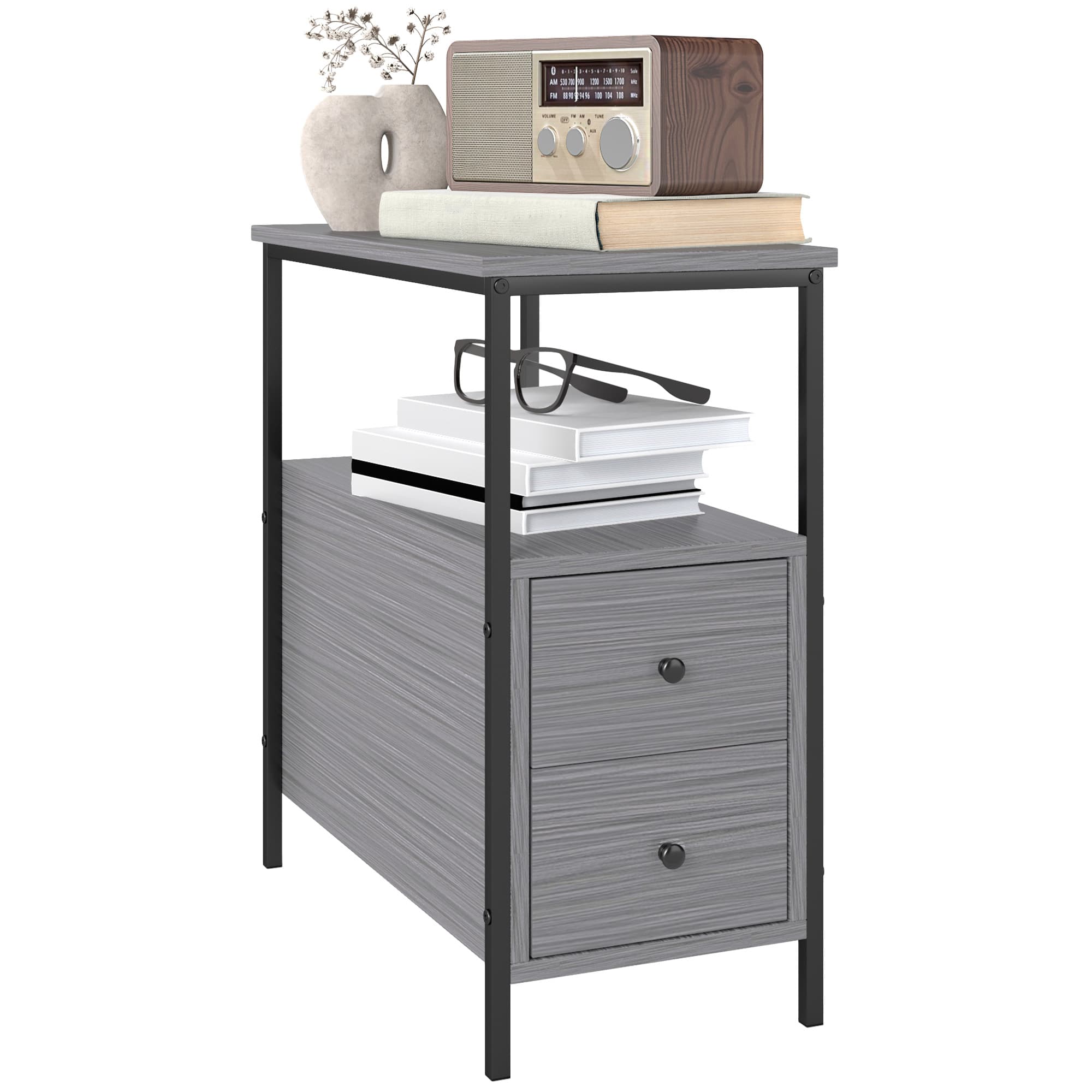 Grey Wood-Grain Side Table with Two Drawers and Shelf - Grey