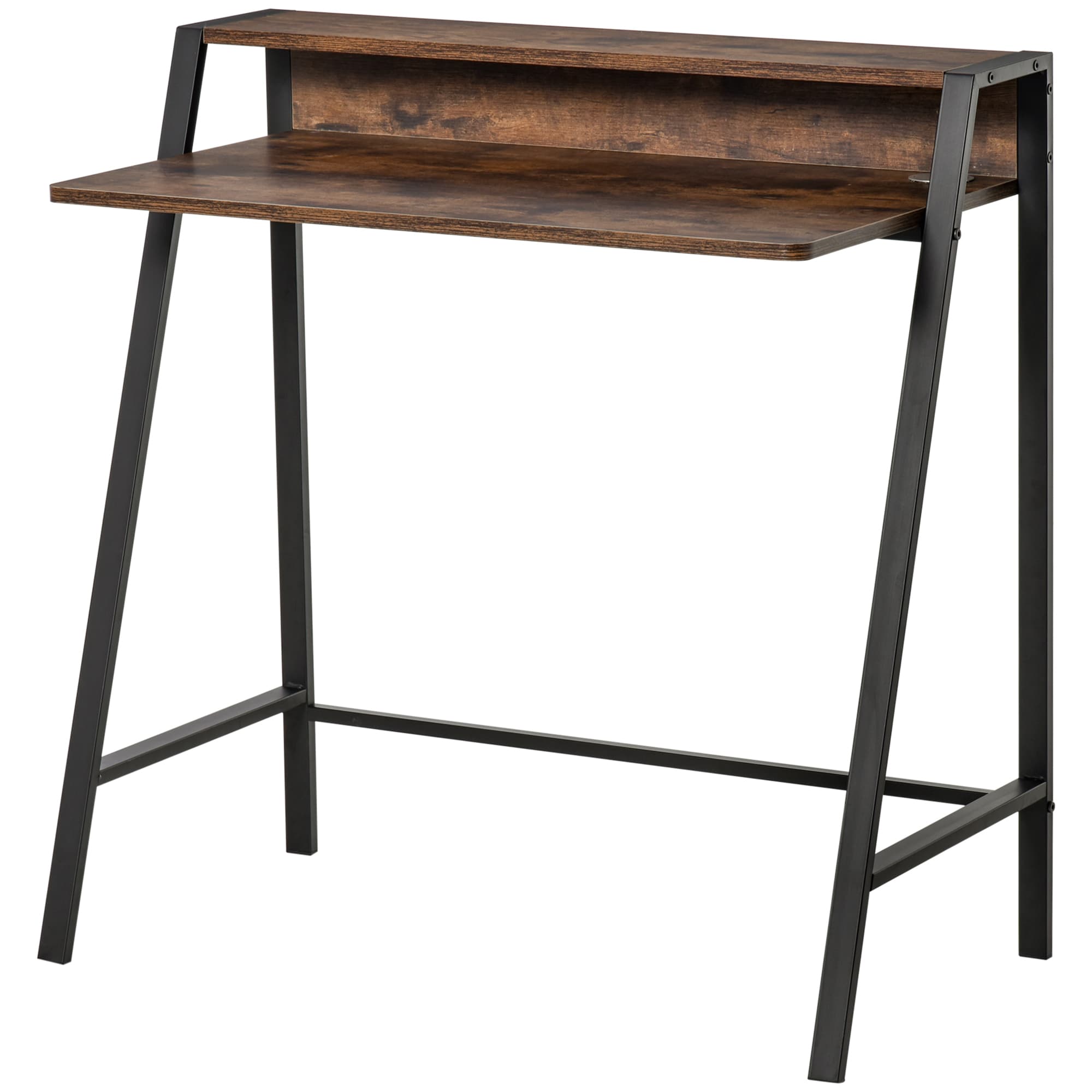 Industrial Writing Desk with Back Shelf – Rustic Brown - Brown