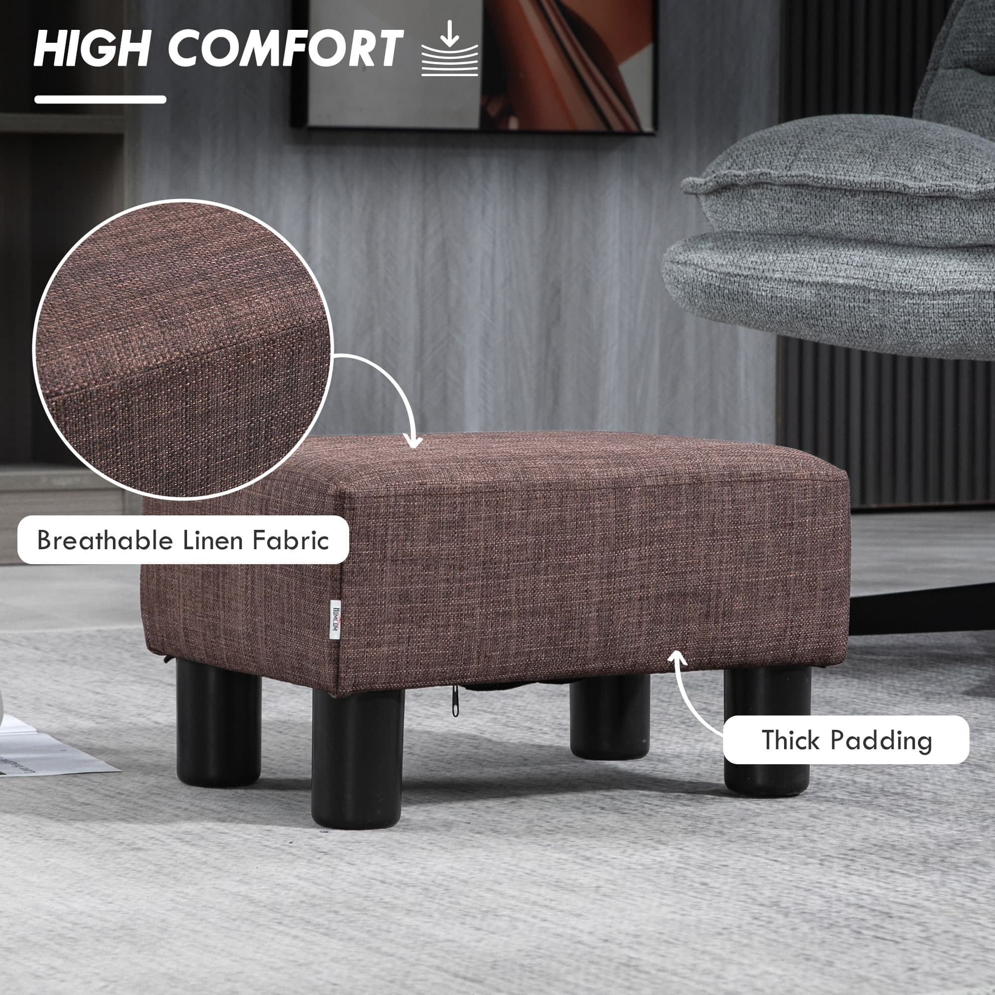 Small brown linen footstool with foam cushioning and plastic legs - image 9