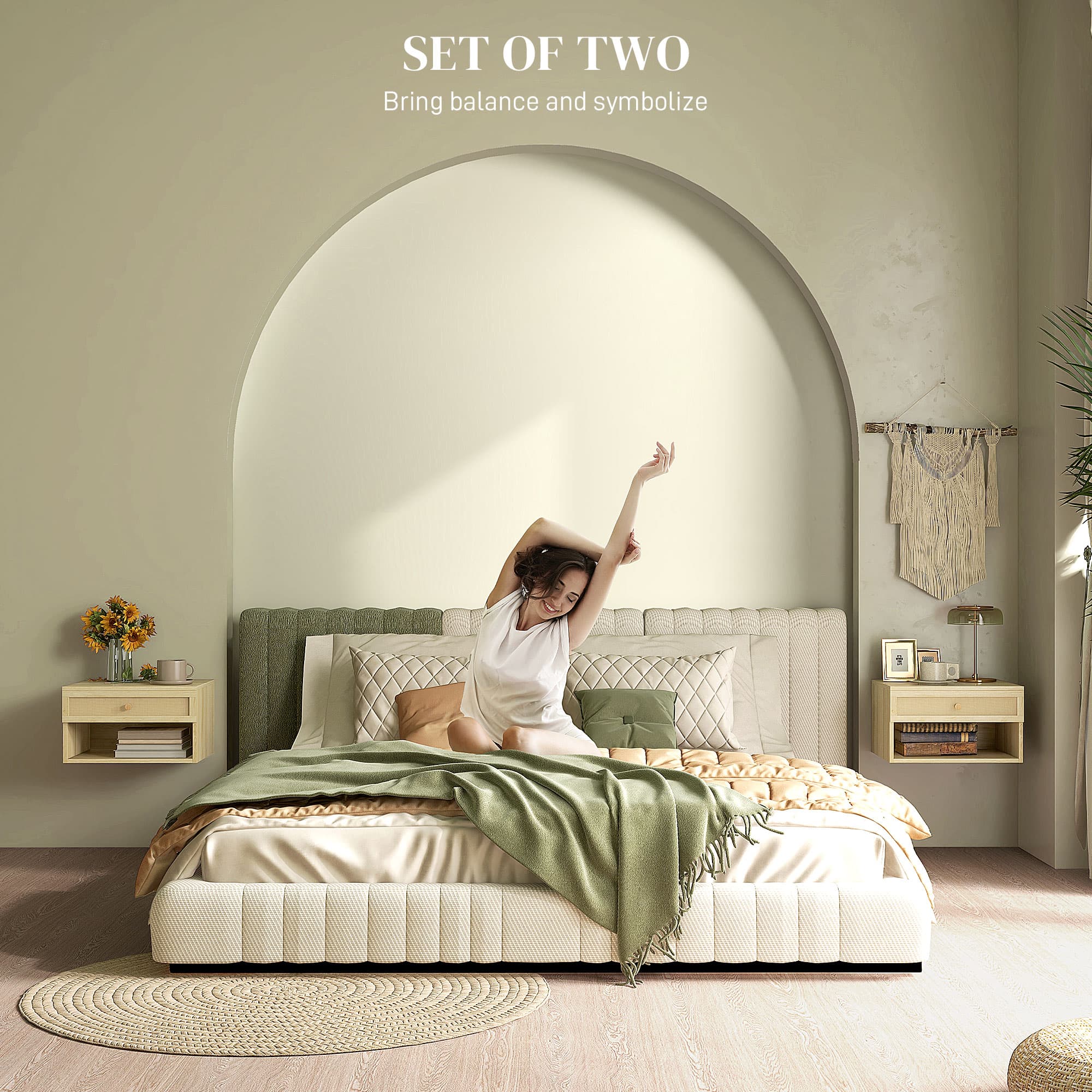 Floating Bedside Tables with Rattan Drawers – Set of 2 - image 7