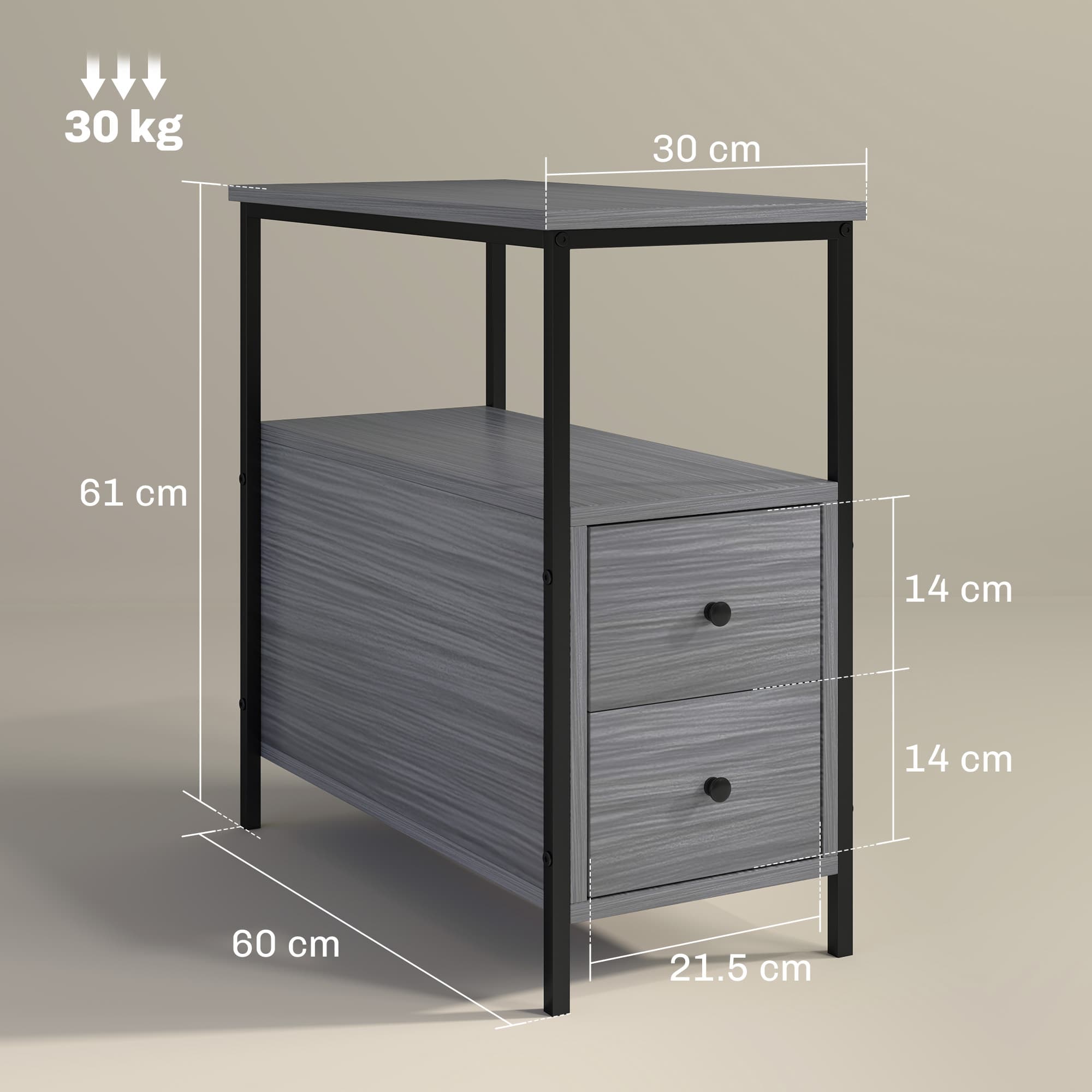 Grey Wood-Grain Side Table with Two Drawers and Shelf - image 4