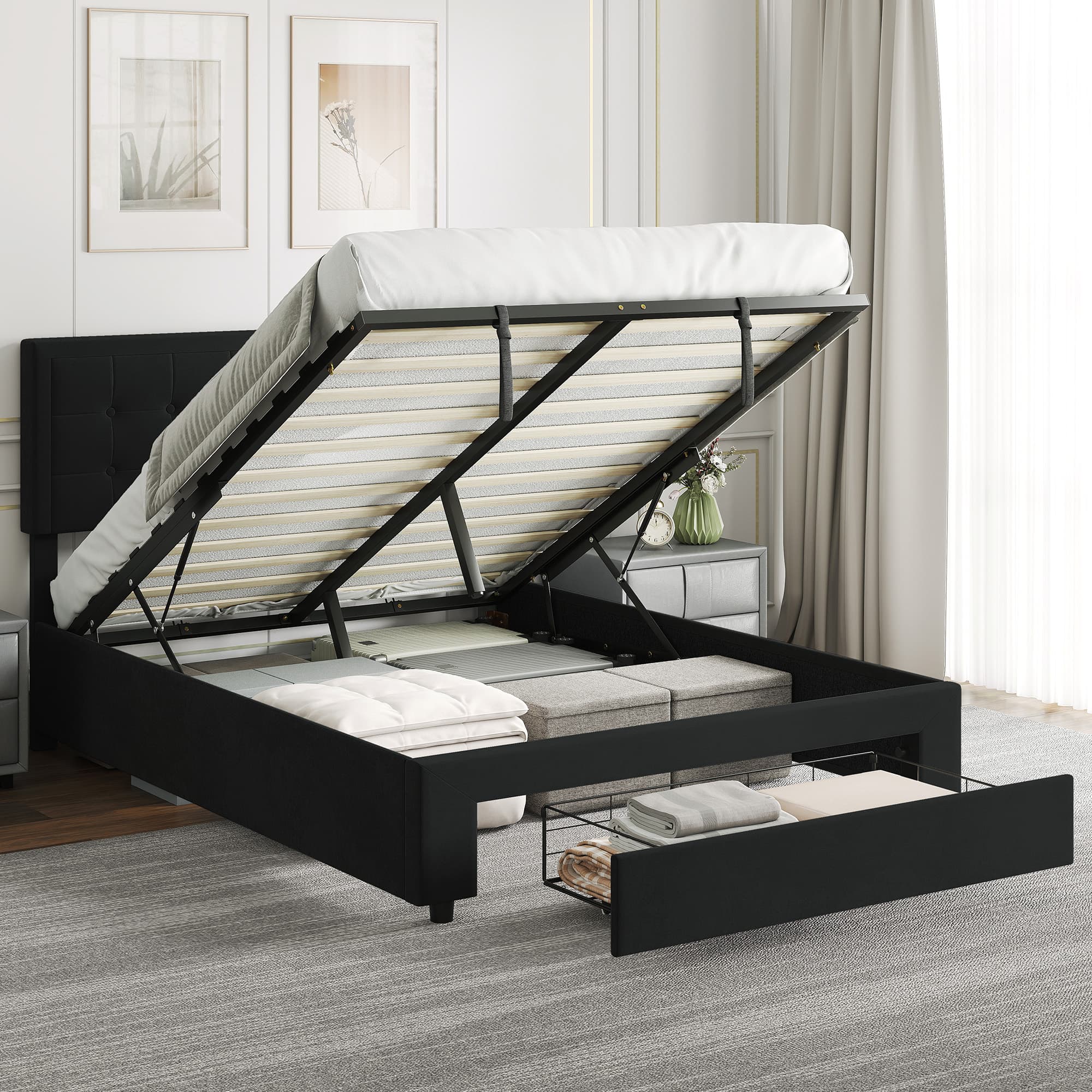 Effortless Storage: Black Velvet Double Ottoman Bed Frame - image 5