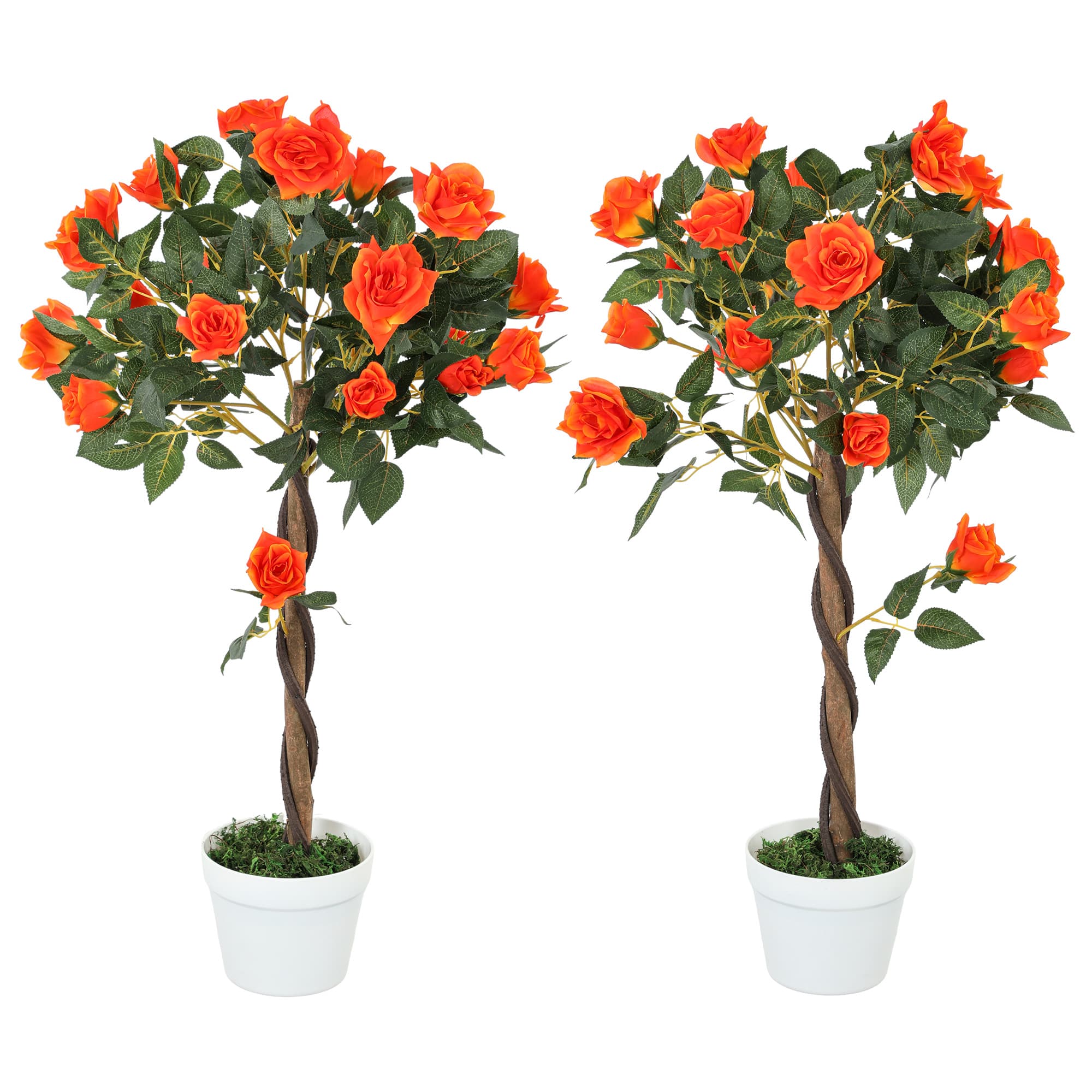 Pair of Artificial Orange Rose Trees in Pots – 90cm, No Upkeep