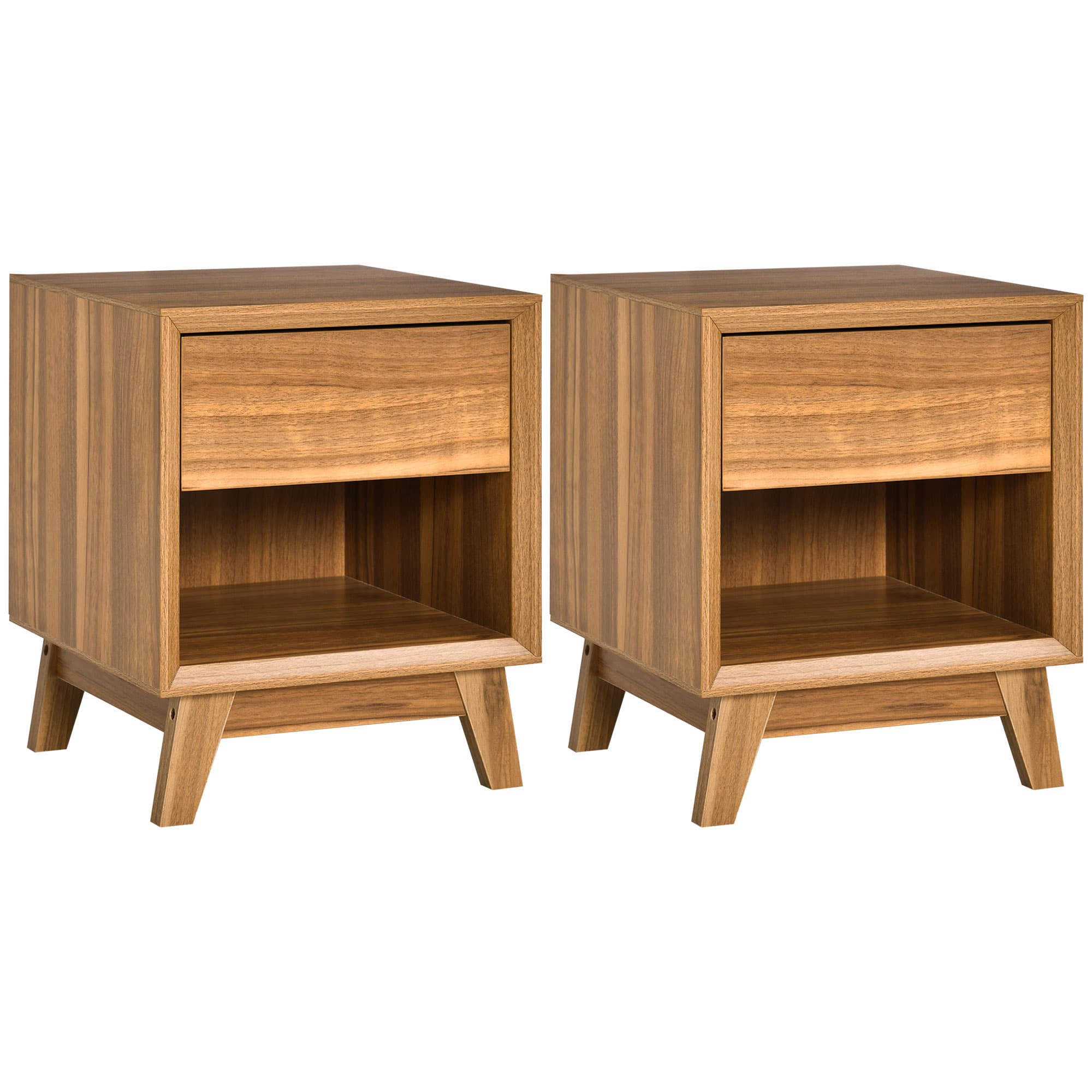 Pair of Walnut-Effect Bedside Tables with Drawer and Open Shelf - Walnut brown