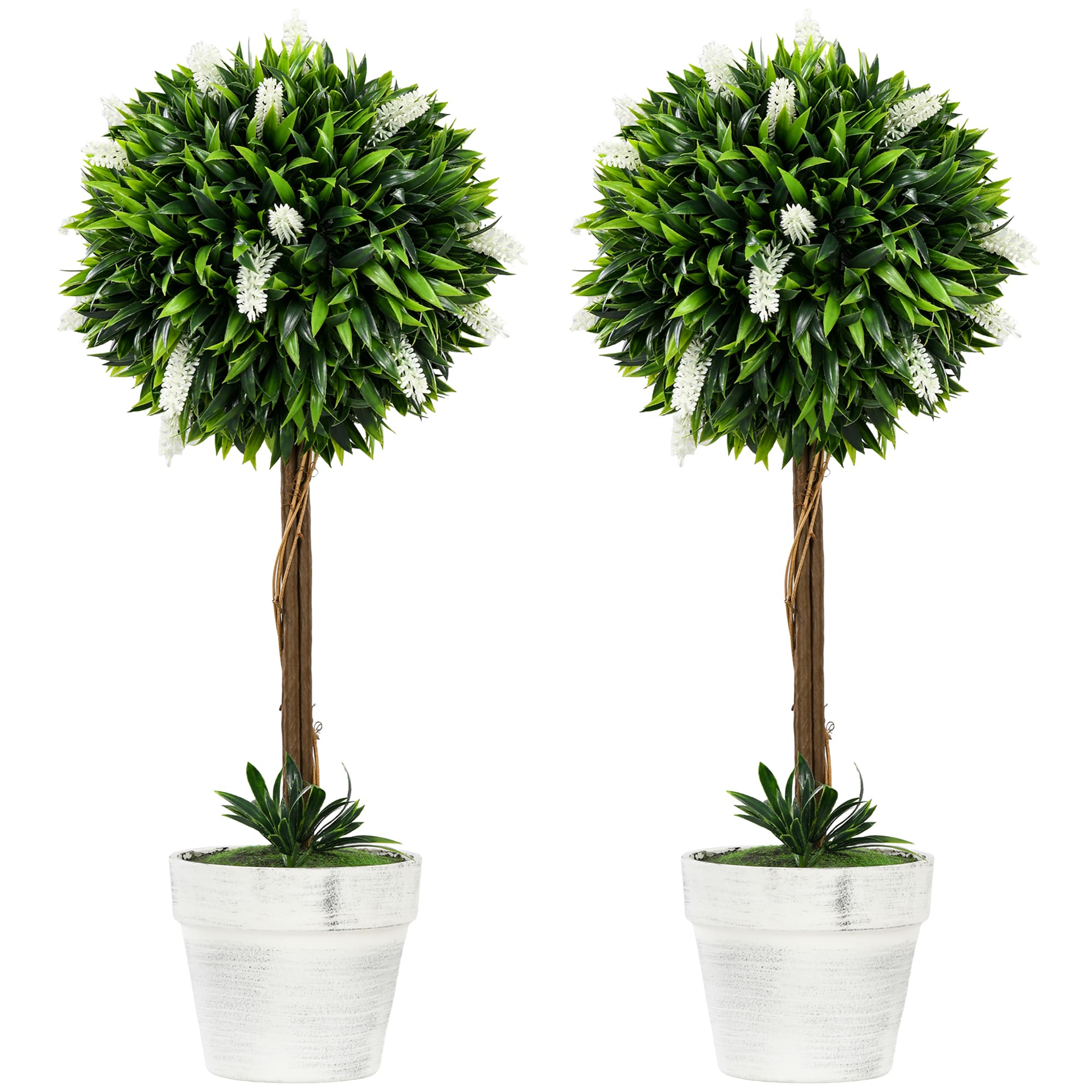Artificial Topiary Ball Trees with White Flowers - Set of 2