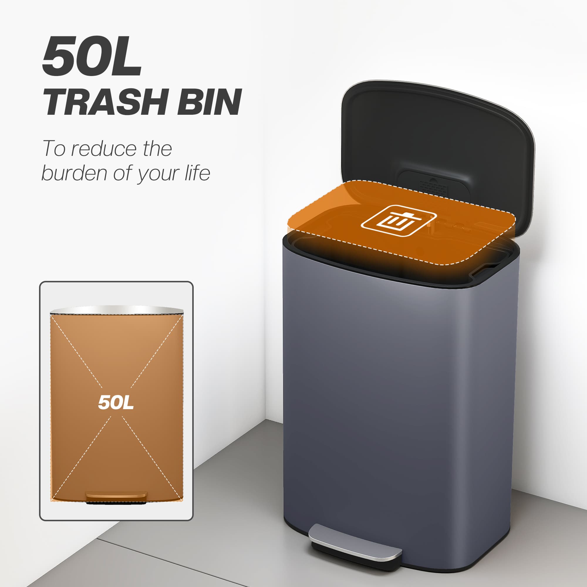 Effortless 50L Grey Stainless Steel Kitchen Pedal Bin - image 1