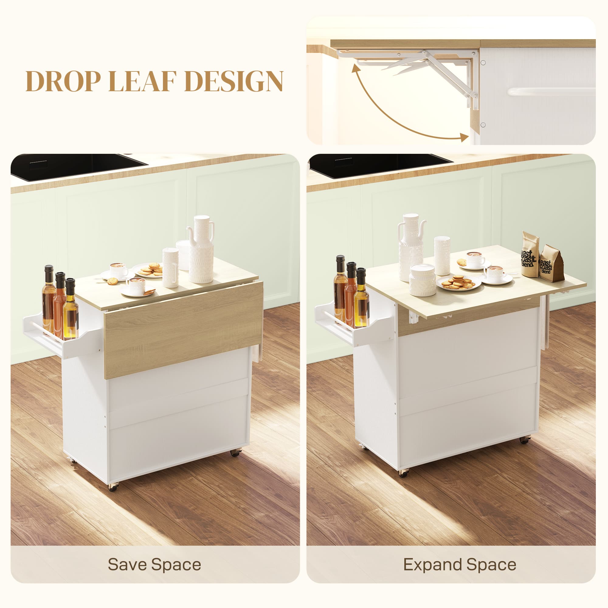 Kitchen Island on Wheels with Drawer, Cabinet and Side Rack - image 5