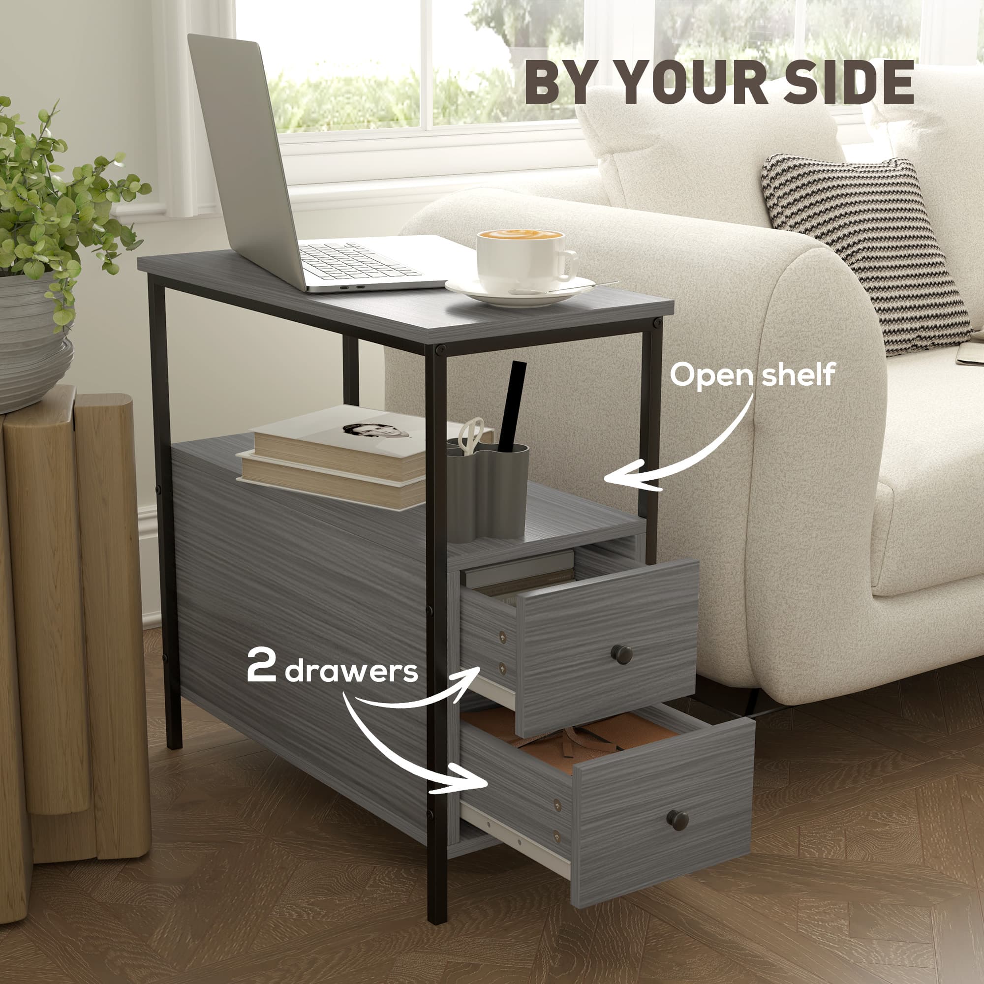 Grey Wood-Grain Side Table with Two Drawers and Shelf - image 1