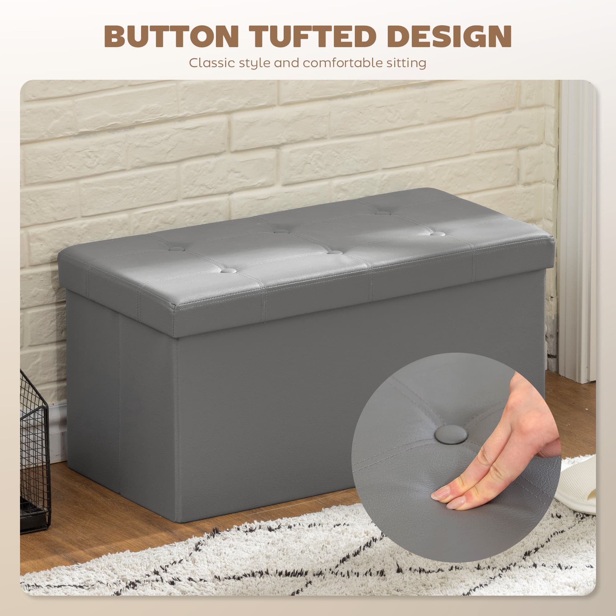 89L Folding Storage Ottoman in Grey PU Leather - image 3