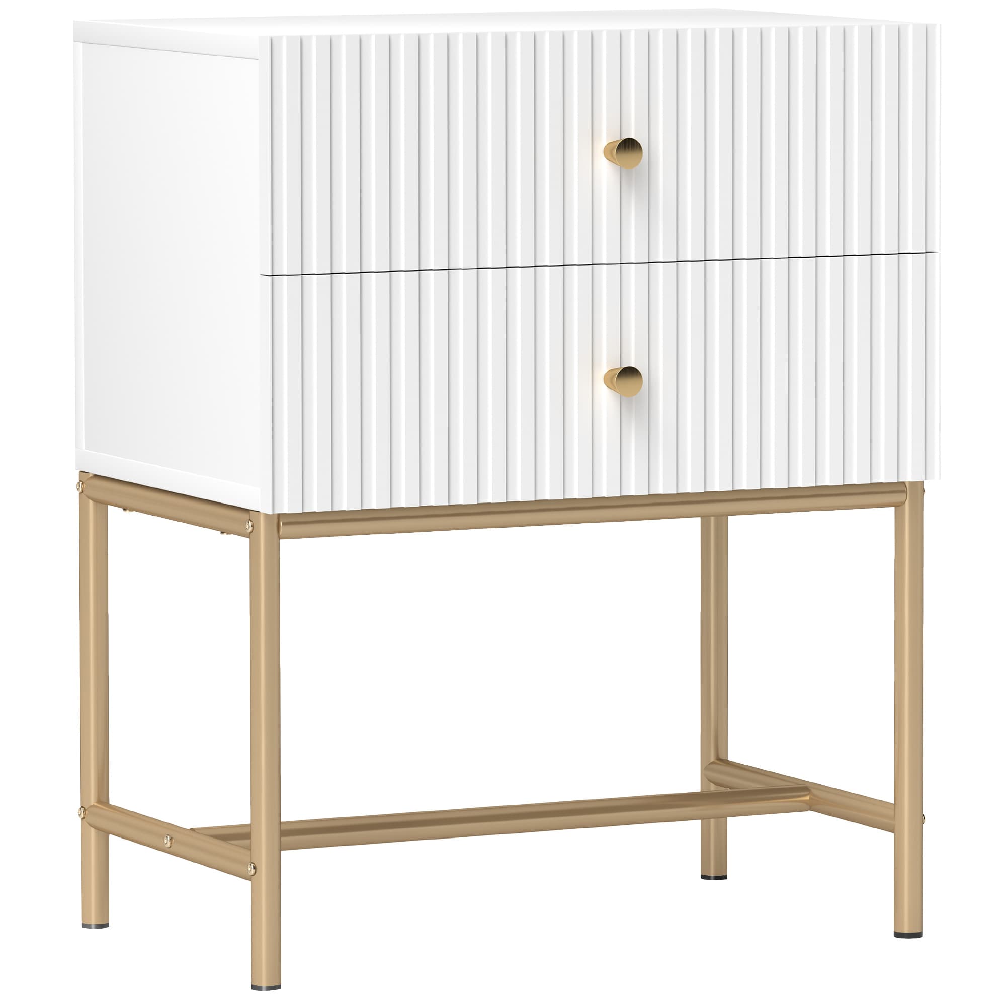 White Bedside Table – Fluted Drawers and Brass-Tone Frame