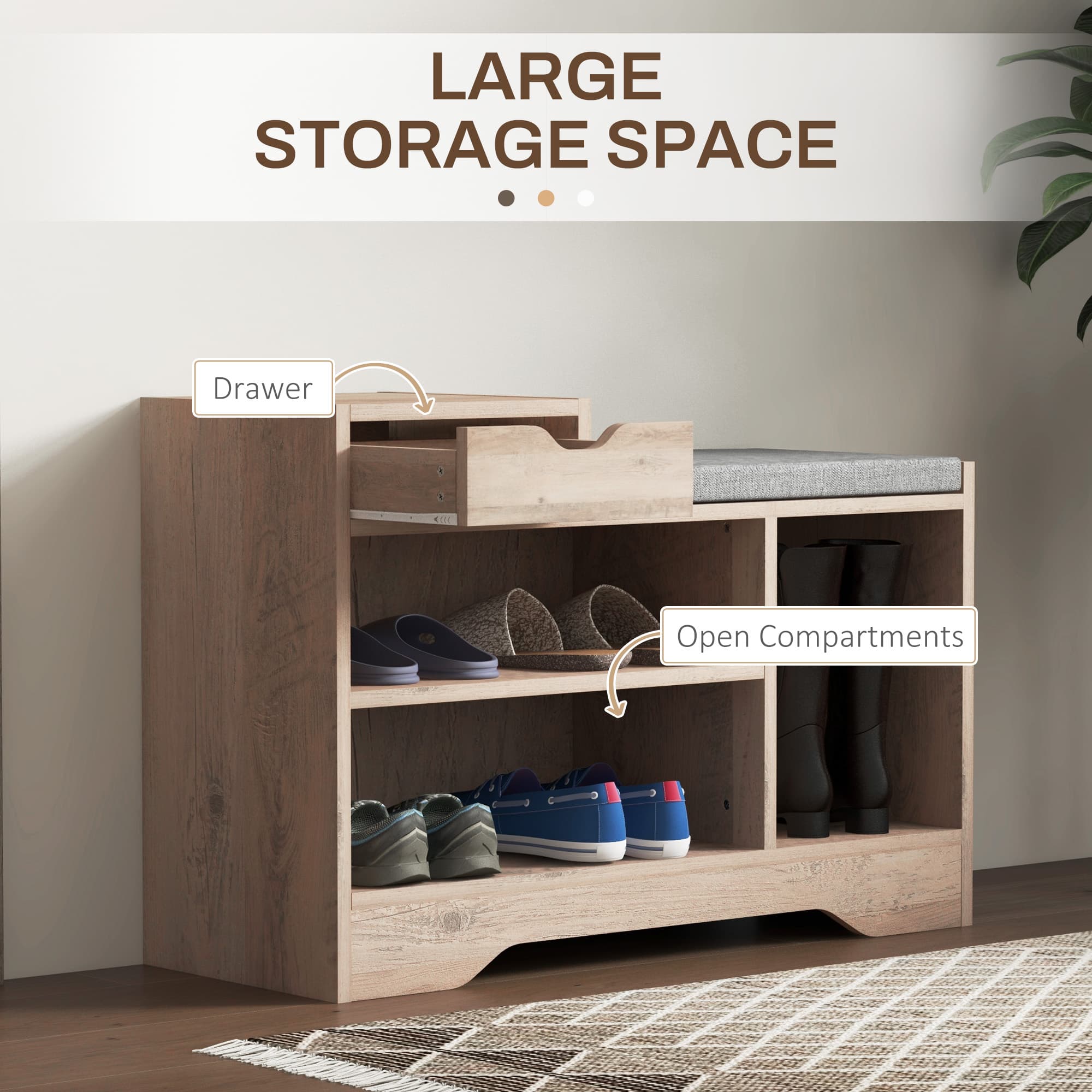 Shoe Bench With Padded Seat, Open Shelves and Pull-Out Drawer - image 5