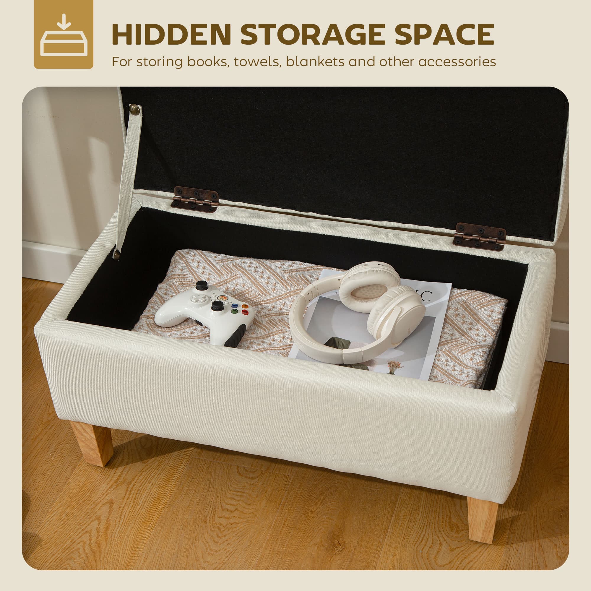 Padded Storage Ottoman Bench in Beige Linen with Wood Legs - image 4