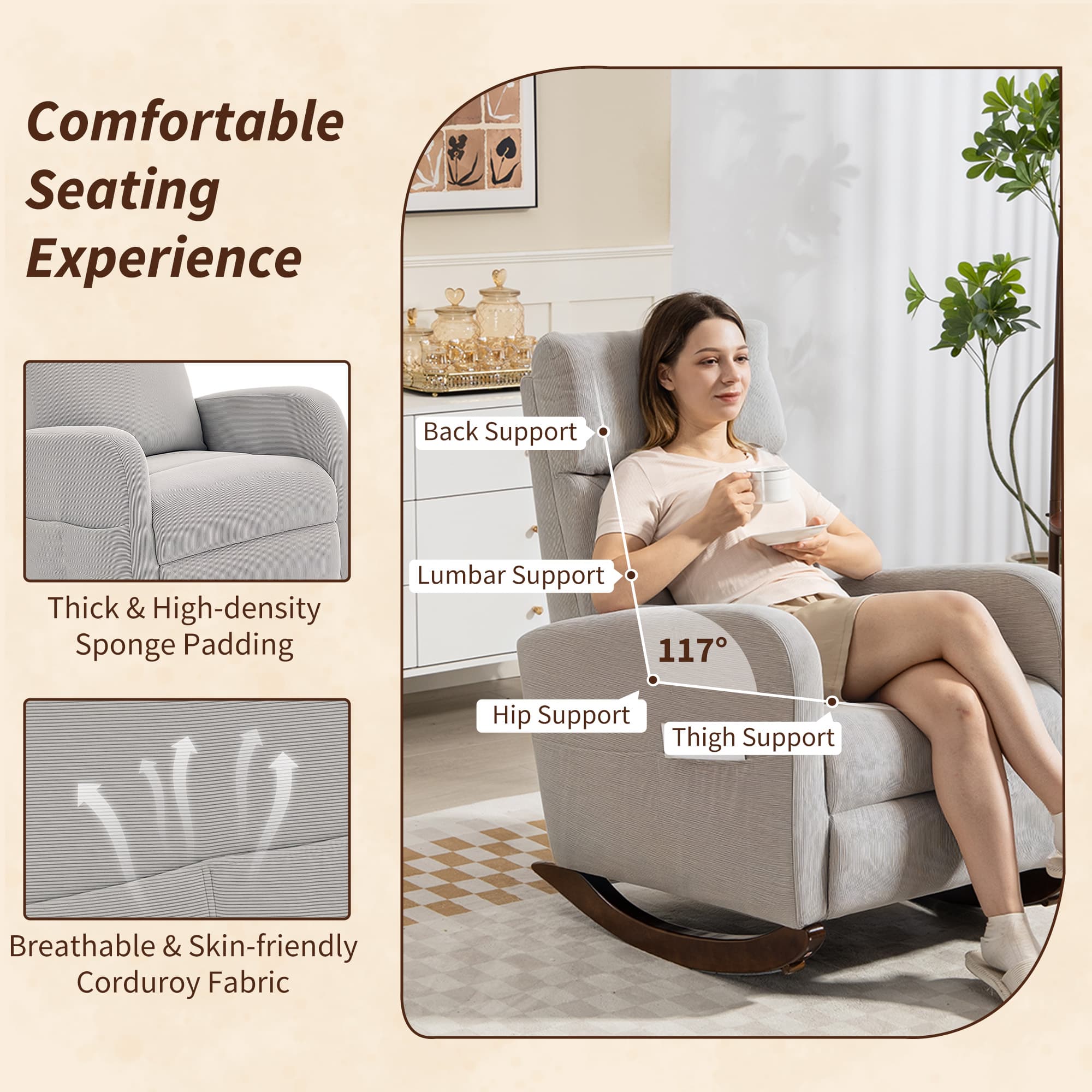 Transform Your Space with this Grey Corduroy Rocking Chair - image 4