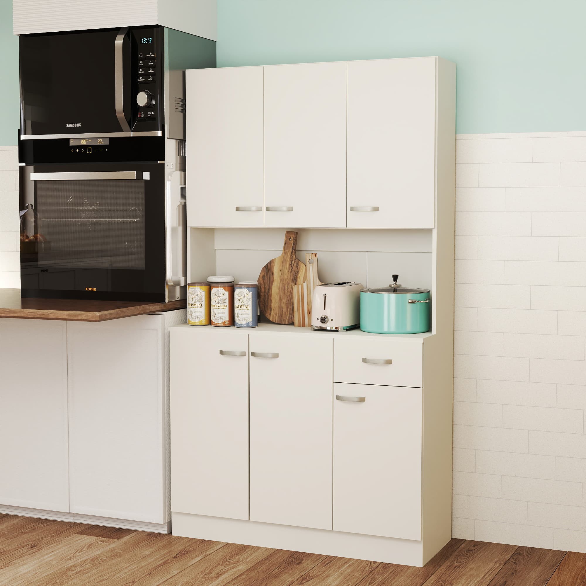 A tall white pantry cabinet with open hutch and generous storage - image 3