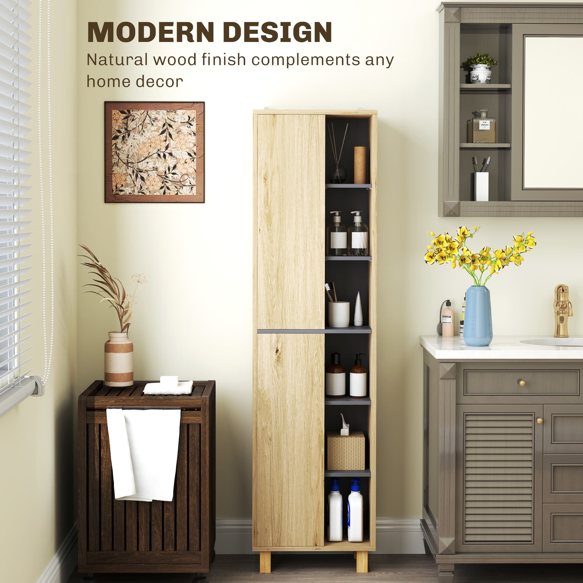 Tall Slim Bathroom Storage Cabinet with Open Shelves and Doors - image 1