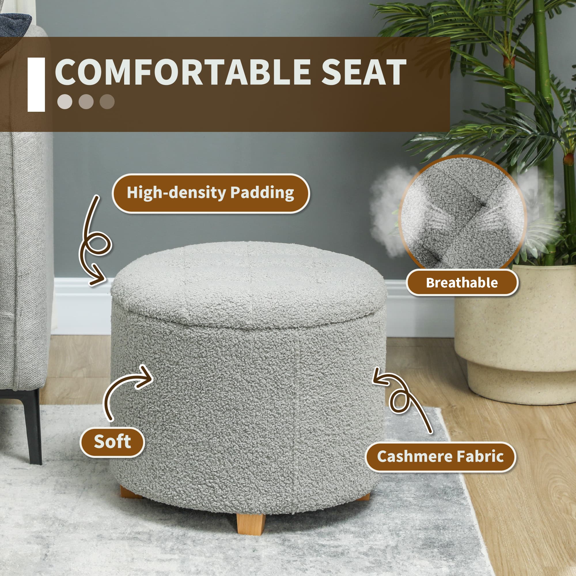 Teddy Fleece Storage Ottoman with Button-Tufted Lid, 40.5L Grey - image 3