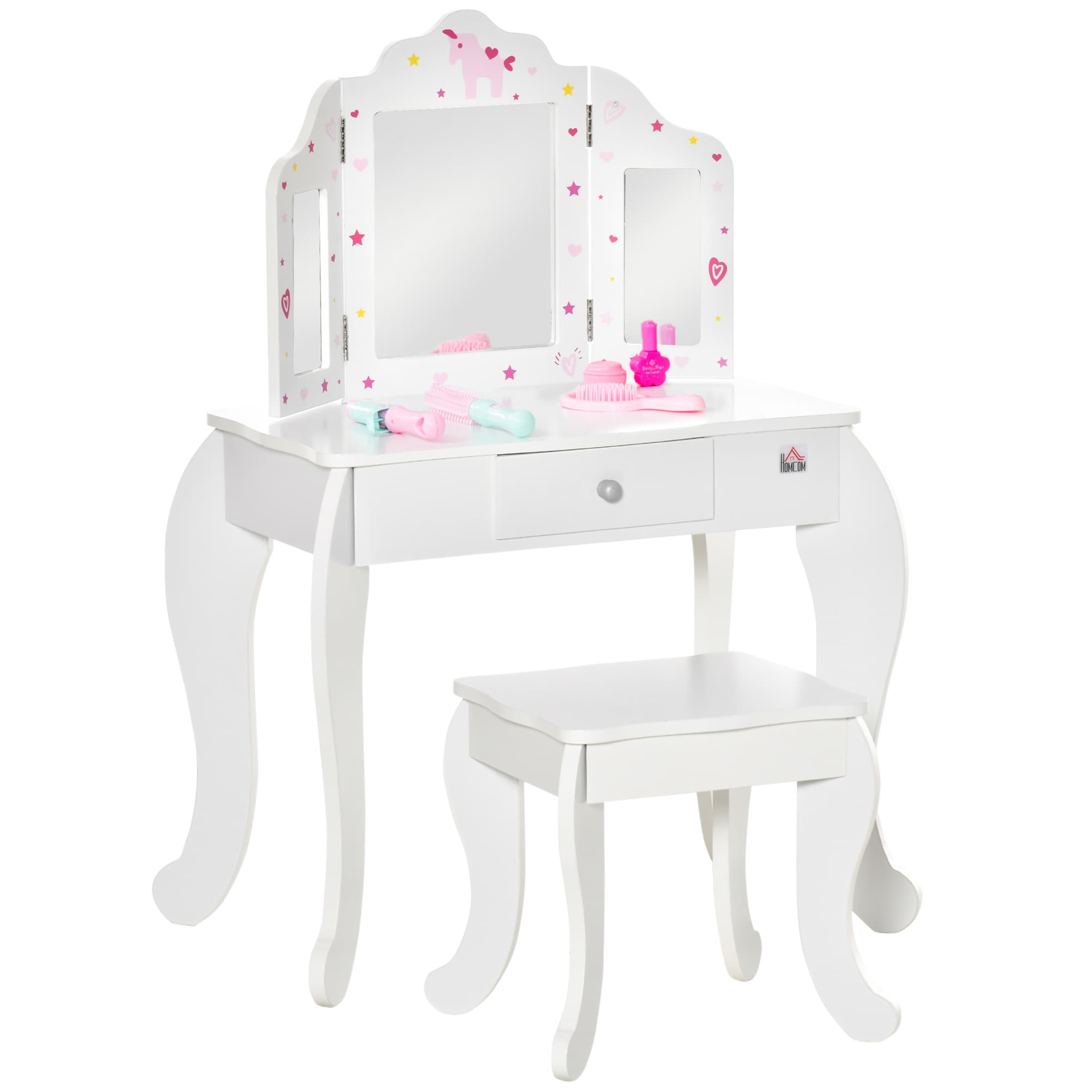 Kids Dressing Table and Stool Set with Tri-Fold Mirror - White
