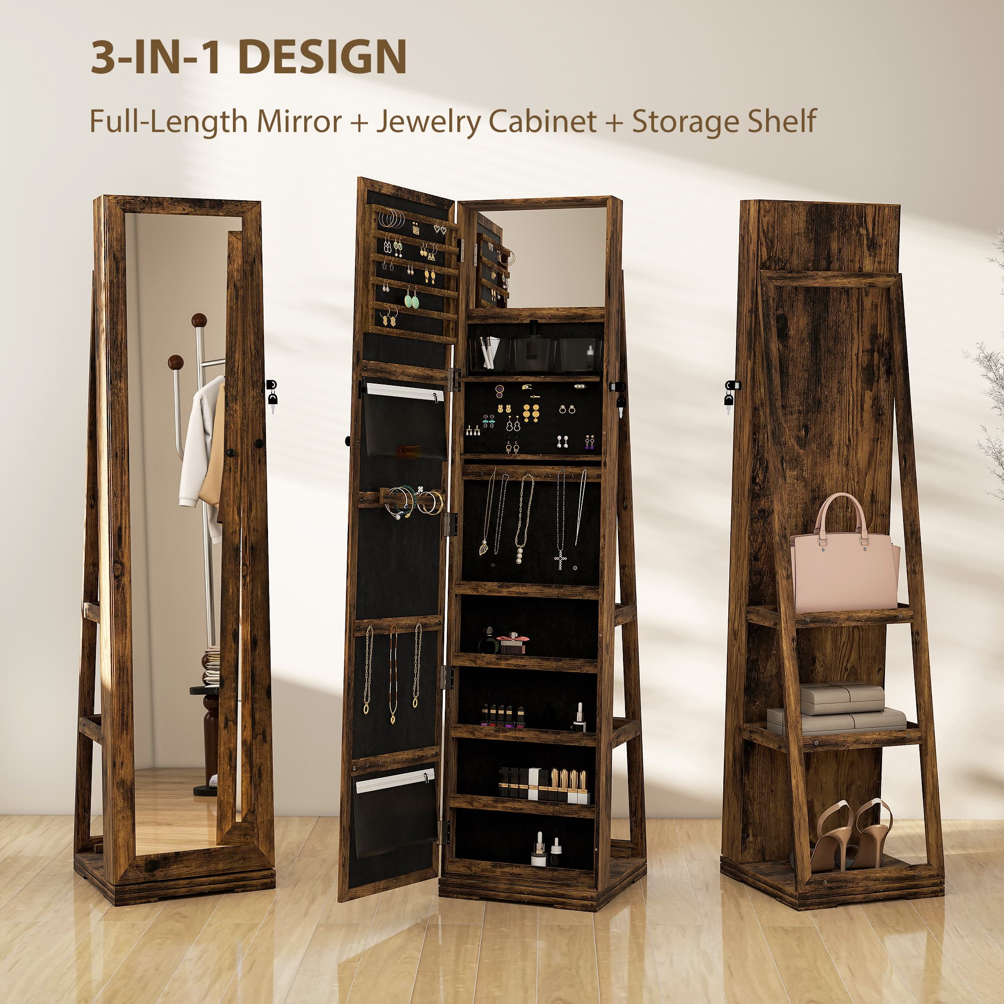 Free-Standing Jewellery Cabinet with Full-Length Swivel Mirror - image 1