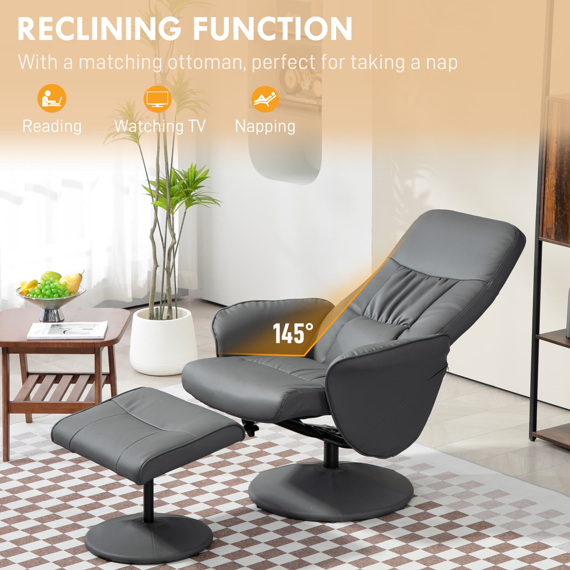 Grey Swivel Recliner Armchair and Matching Footstool in Faux Leather - image 5