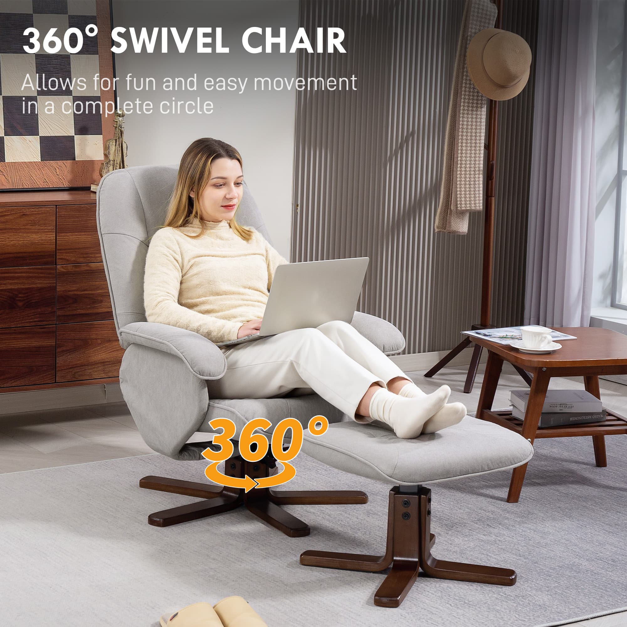 Light Grey Swivel Recliner with Footstool and Wooden Base - image 5