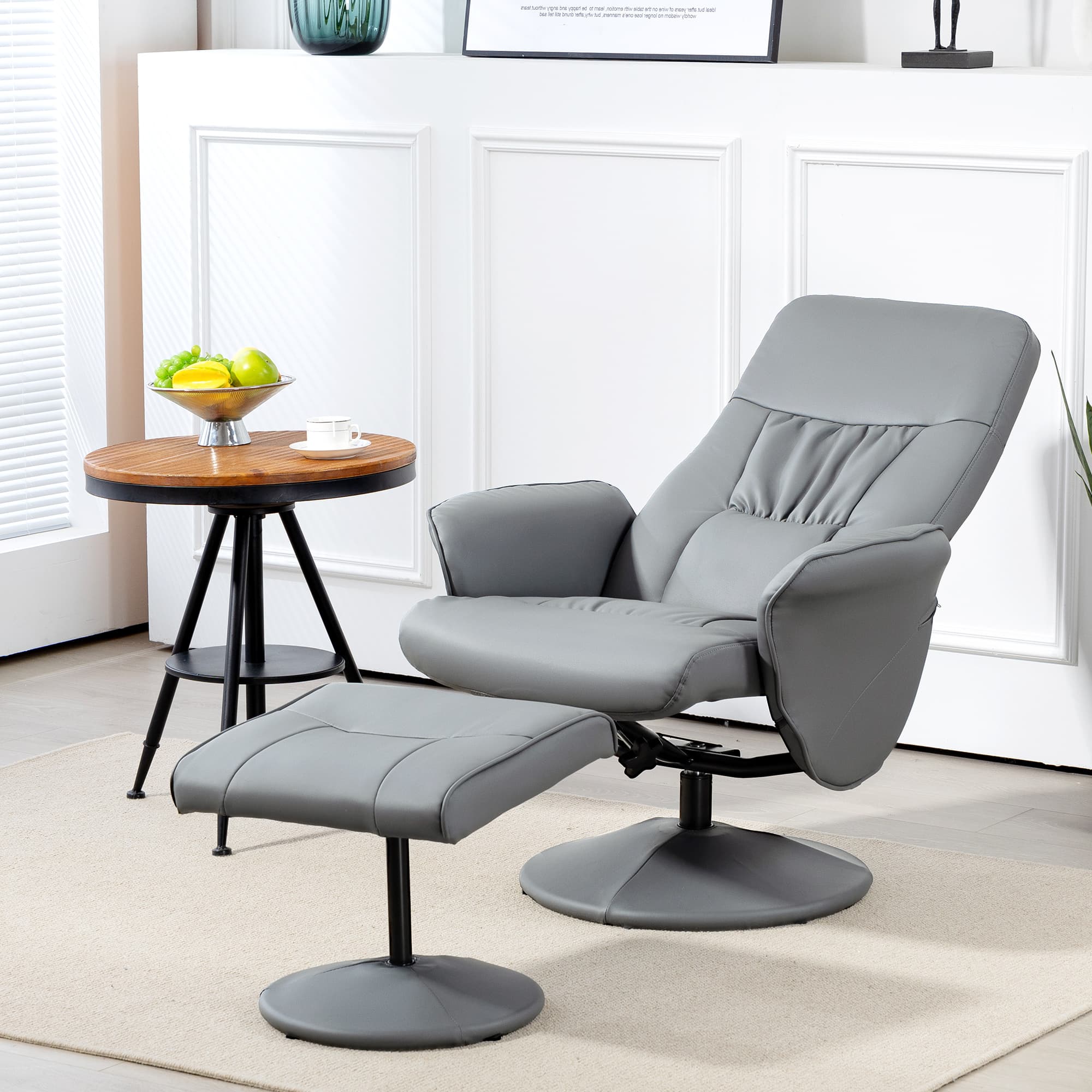 Swivel Recliner and Footstool in Light Grey Faux Leather - image 1
