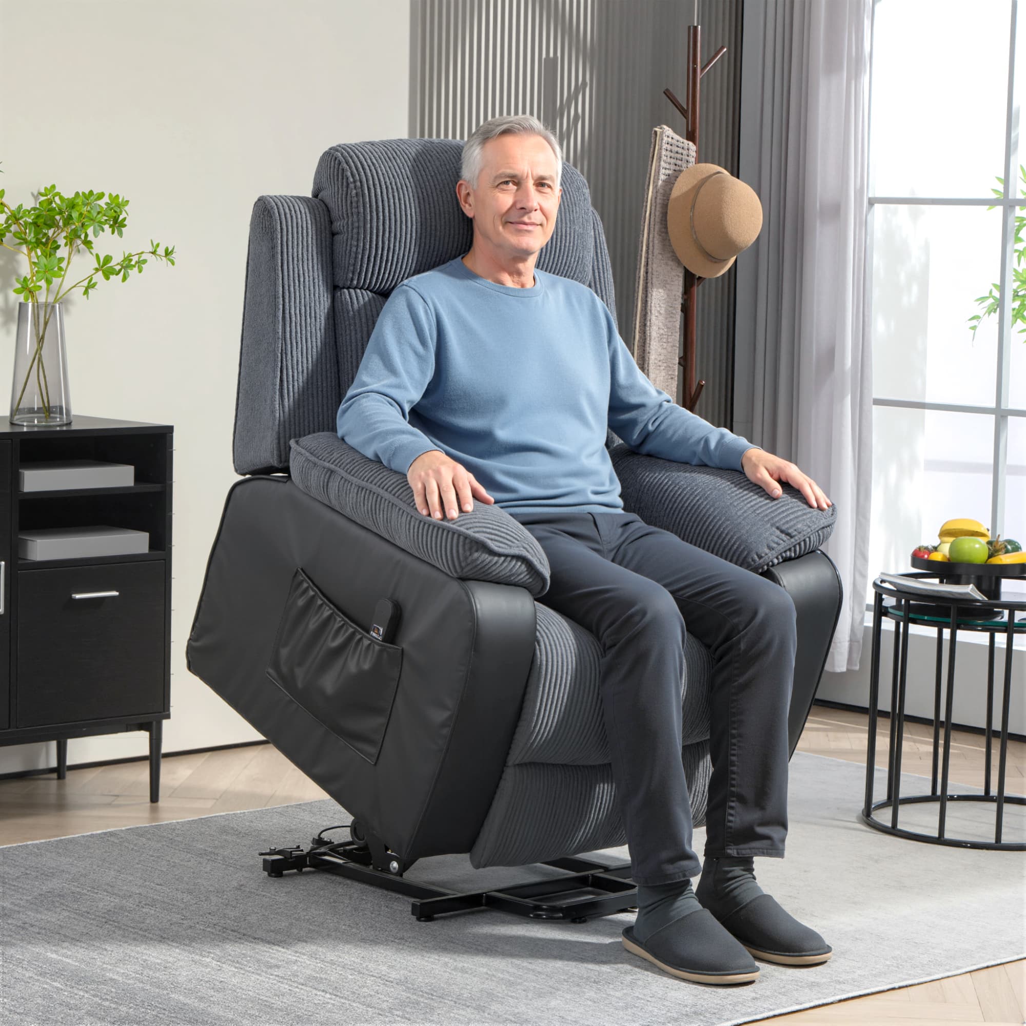 Effortless Dark Grey Corduroy Electric Lift Recliner Chair - image 3