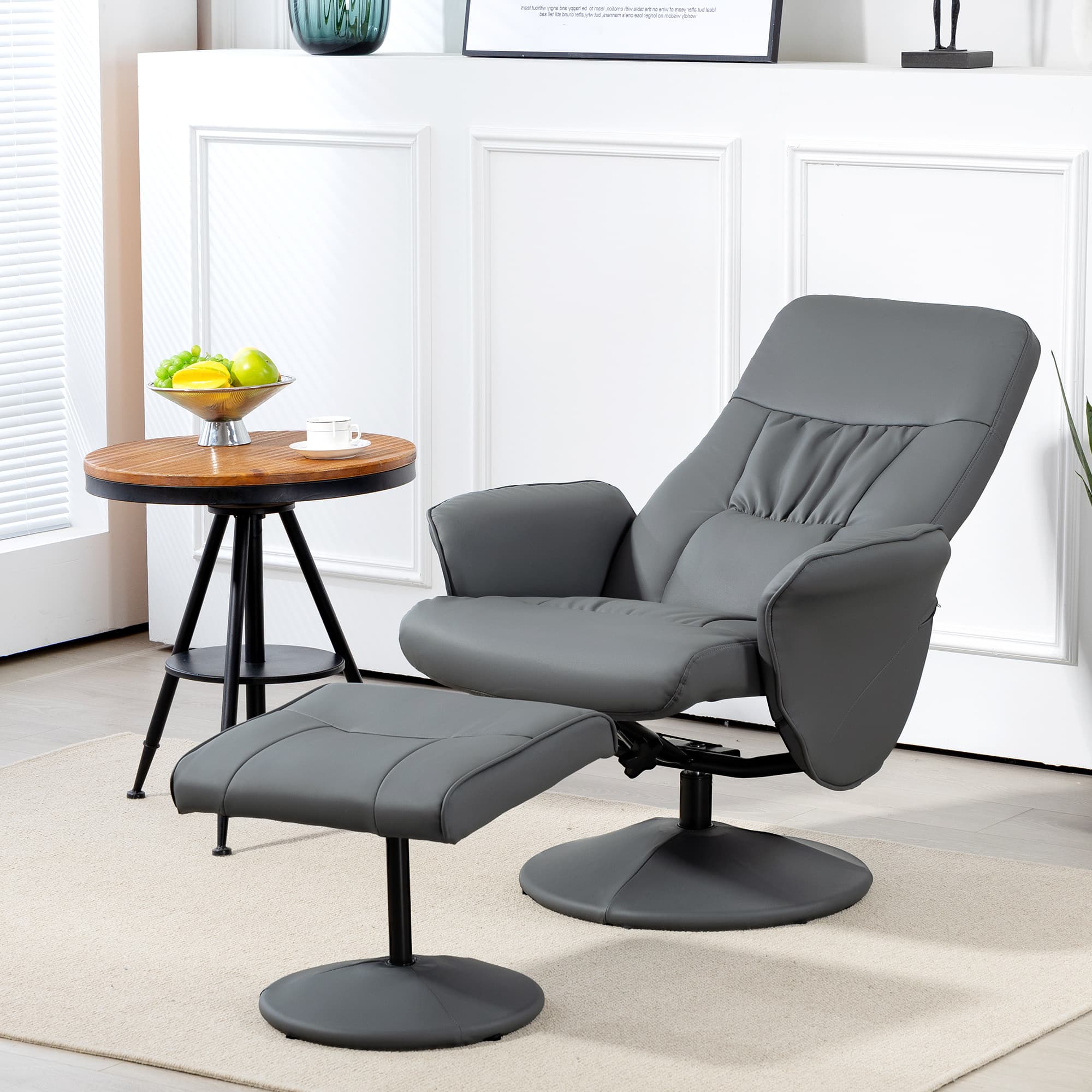 Grey Swivel Recliner Armchair and Matching Footstool in Faux Leather - image 2
