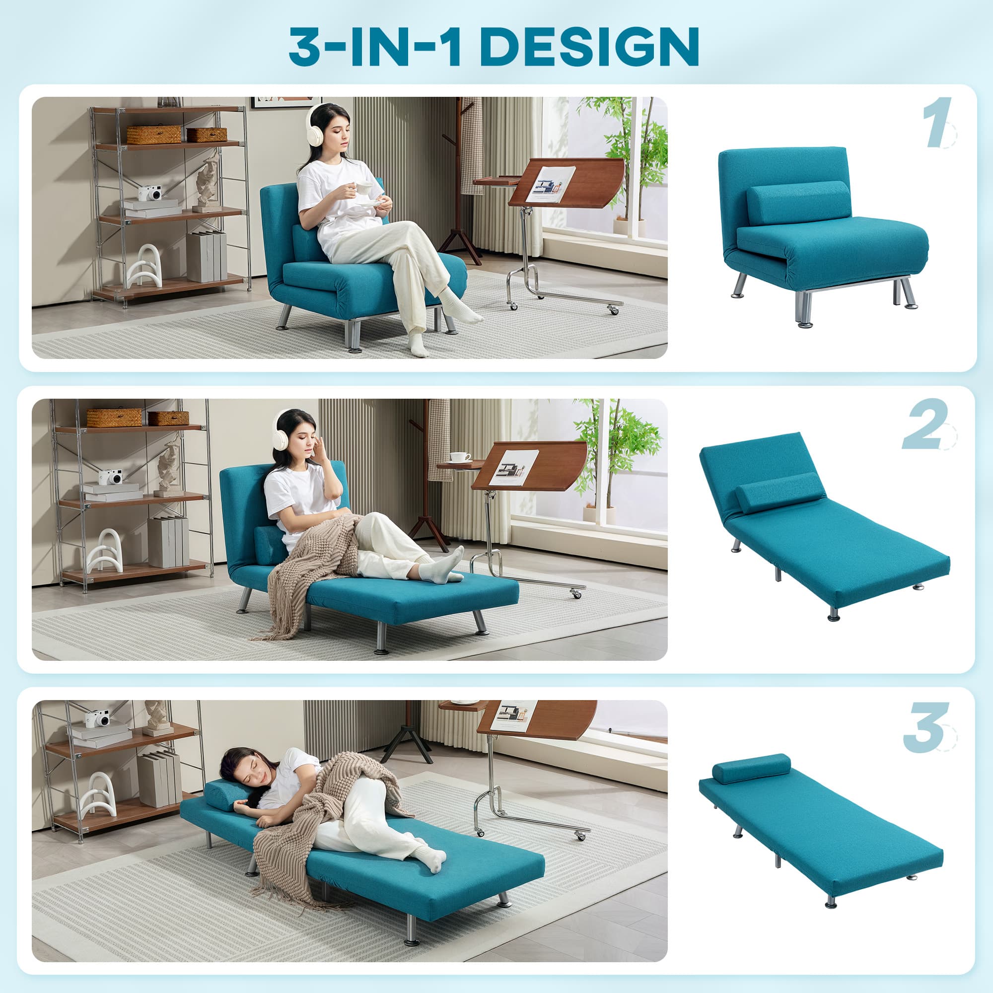 Single Chair Bed in Teal Linen-Feel Fabric with Adjustable Back - image 1