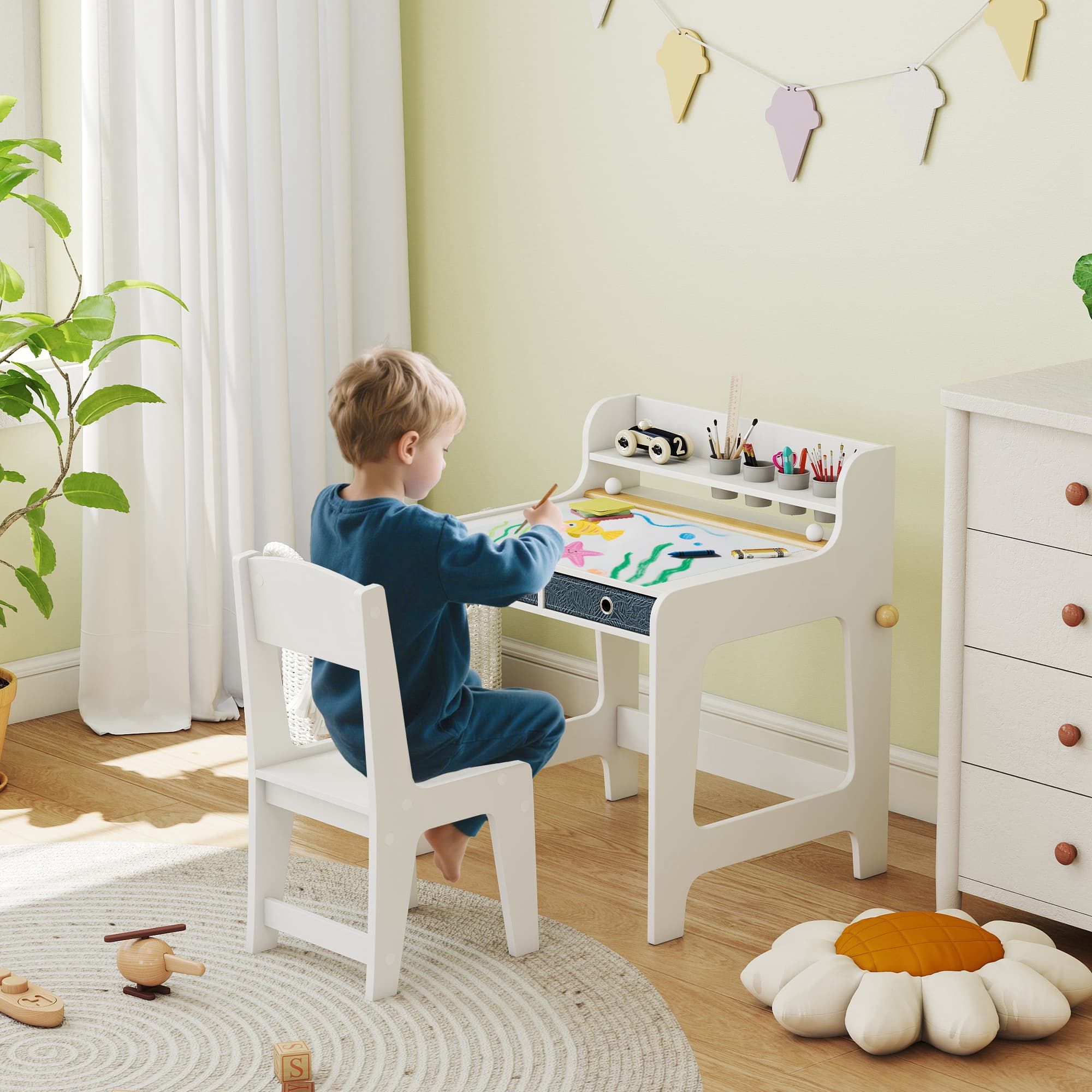 White children's art desk with chair and storage - image 7