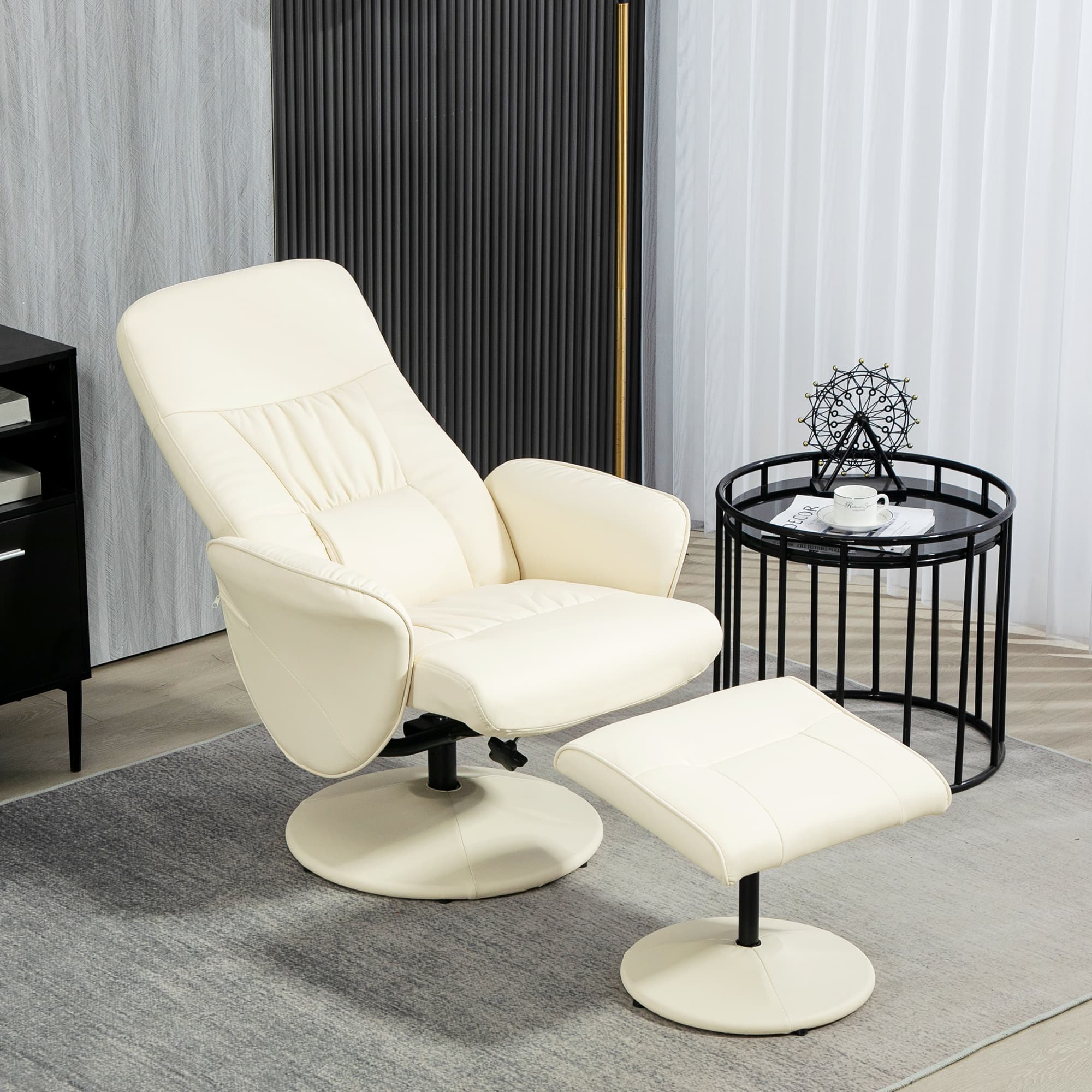 Swivel Recliner Chair and Ottoman Set in Cream Faux Leather - image 4