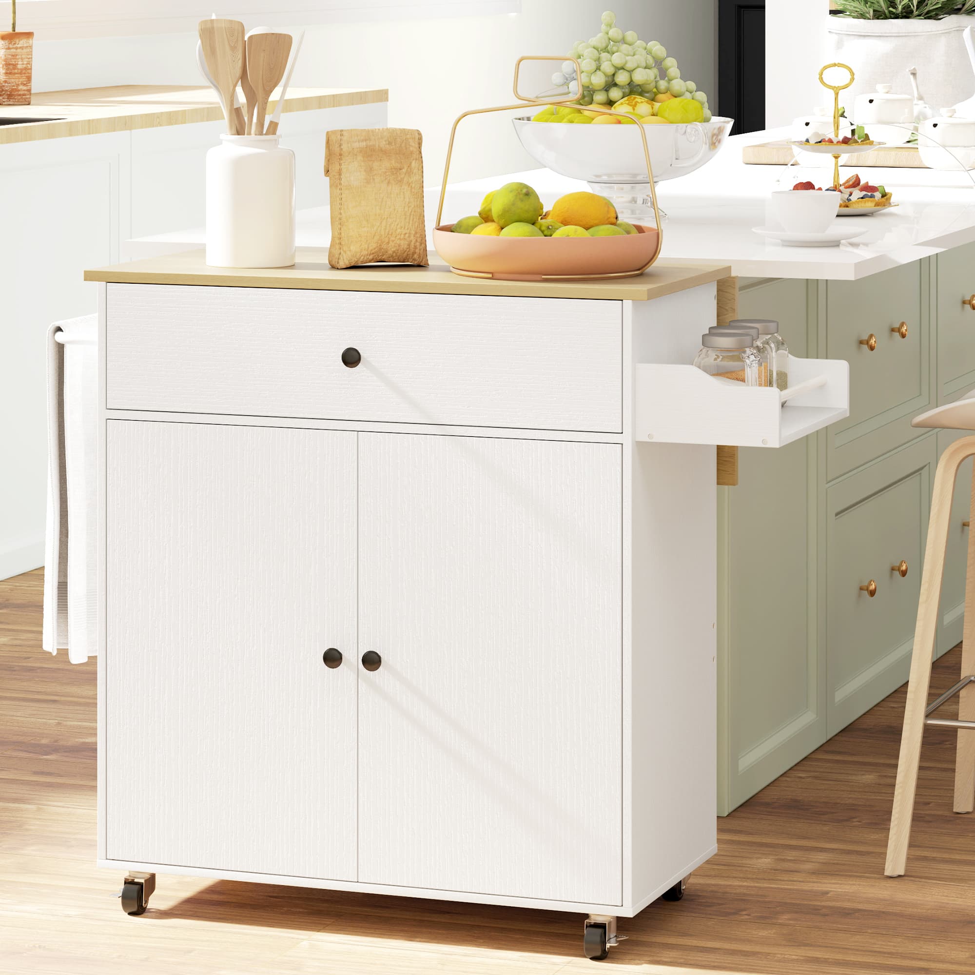 Kitchen Island on Wheels with Drawer, Cabinet and Side Rack - image 3