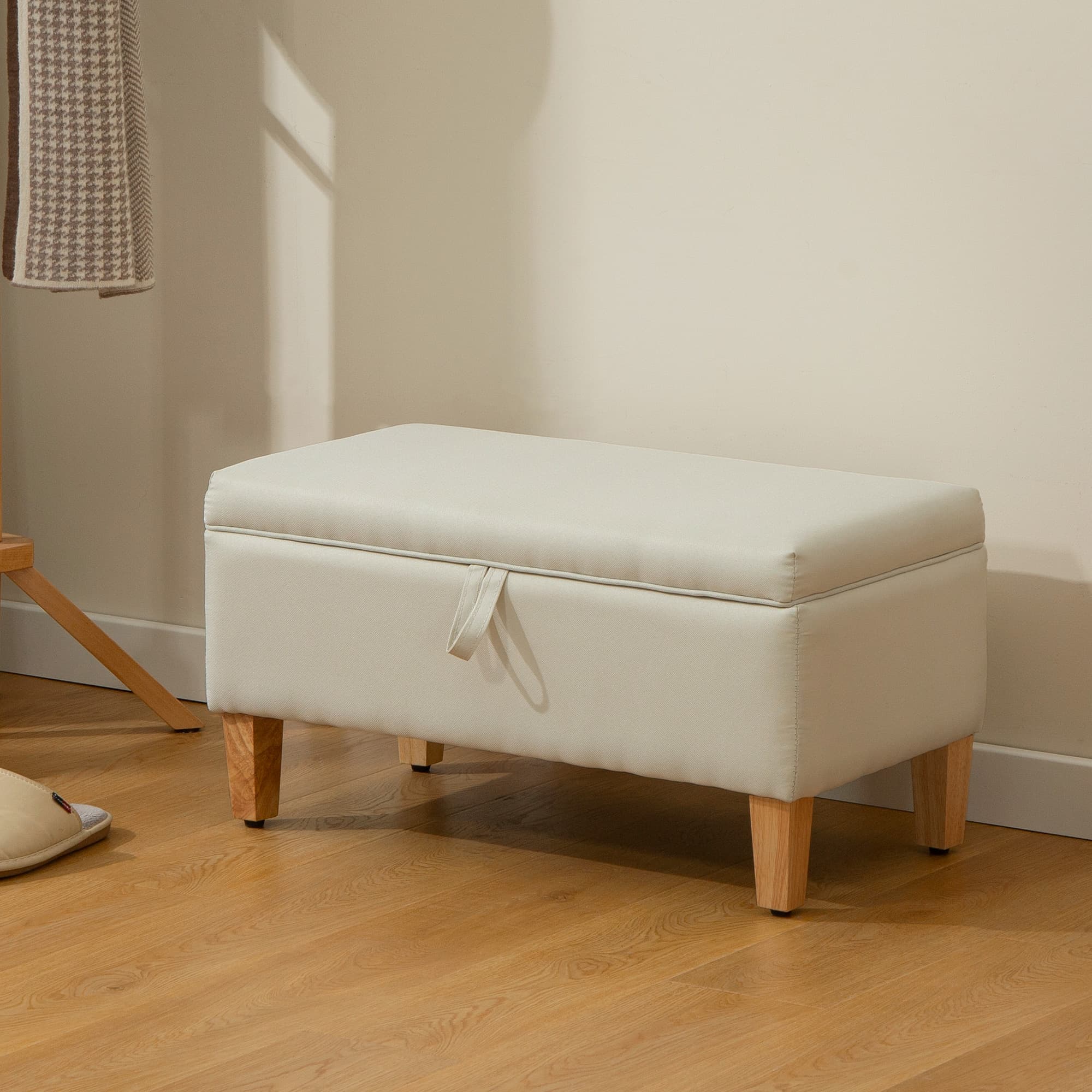 Padded Storage Ottoman Bench in Beige Linen with Wood Legs - image 3
