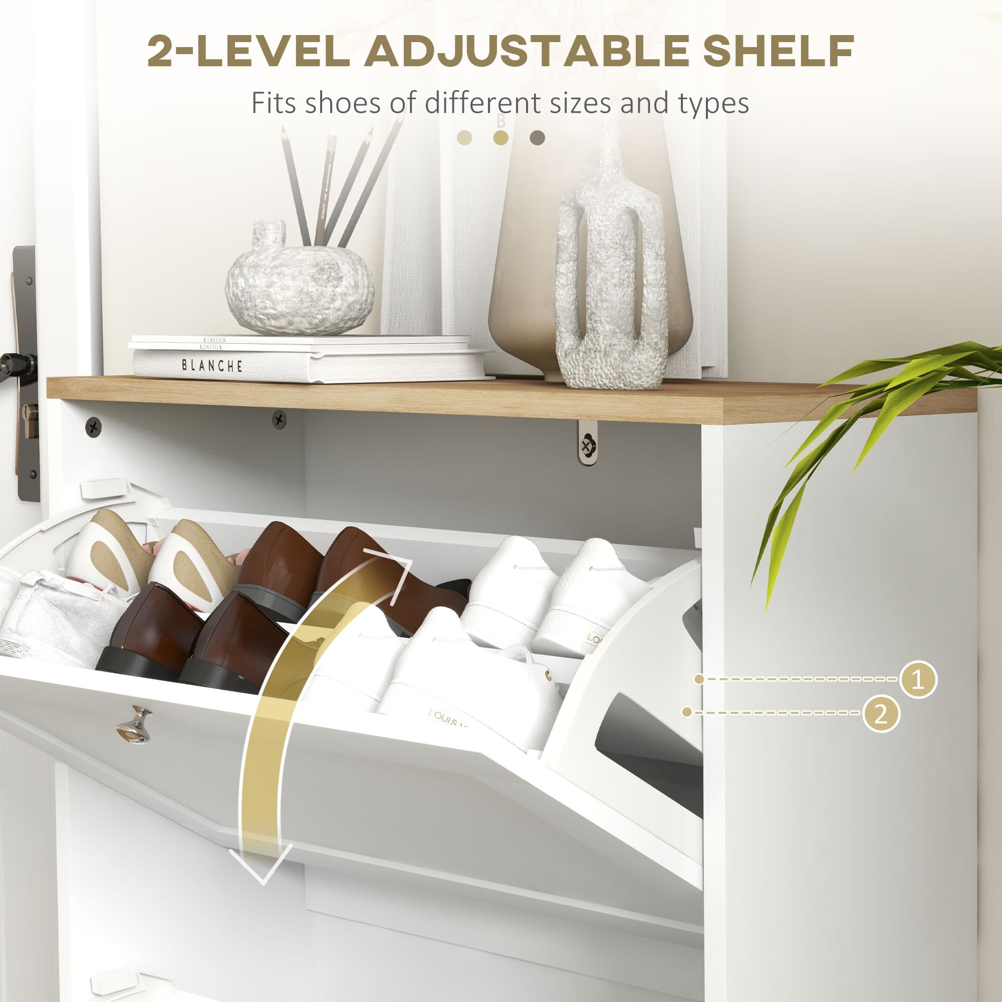 White Shoe Cabinet With Two Flip Drawers and Oak-Effect Top - image 7