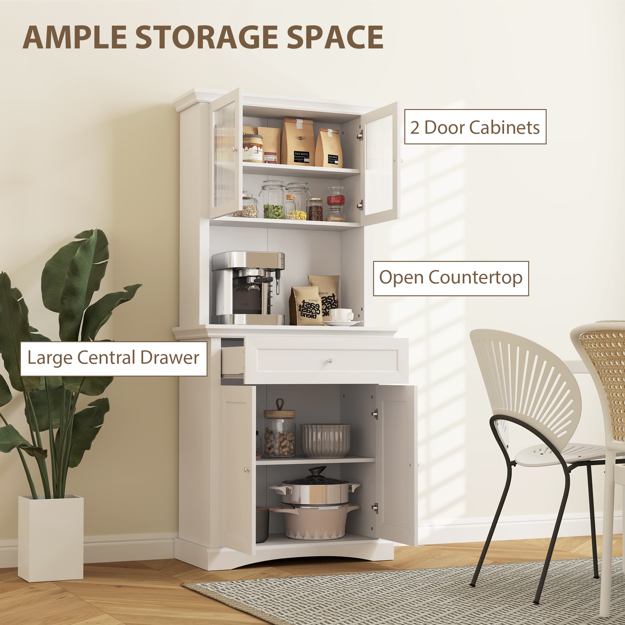Freestanding White Kitchen Cabinet with Glass Display Doors - image 1