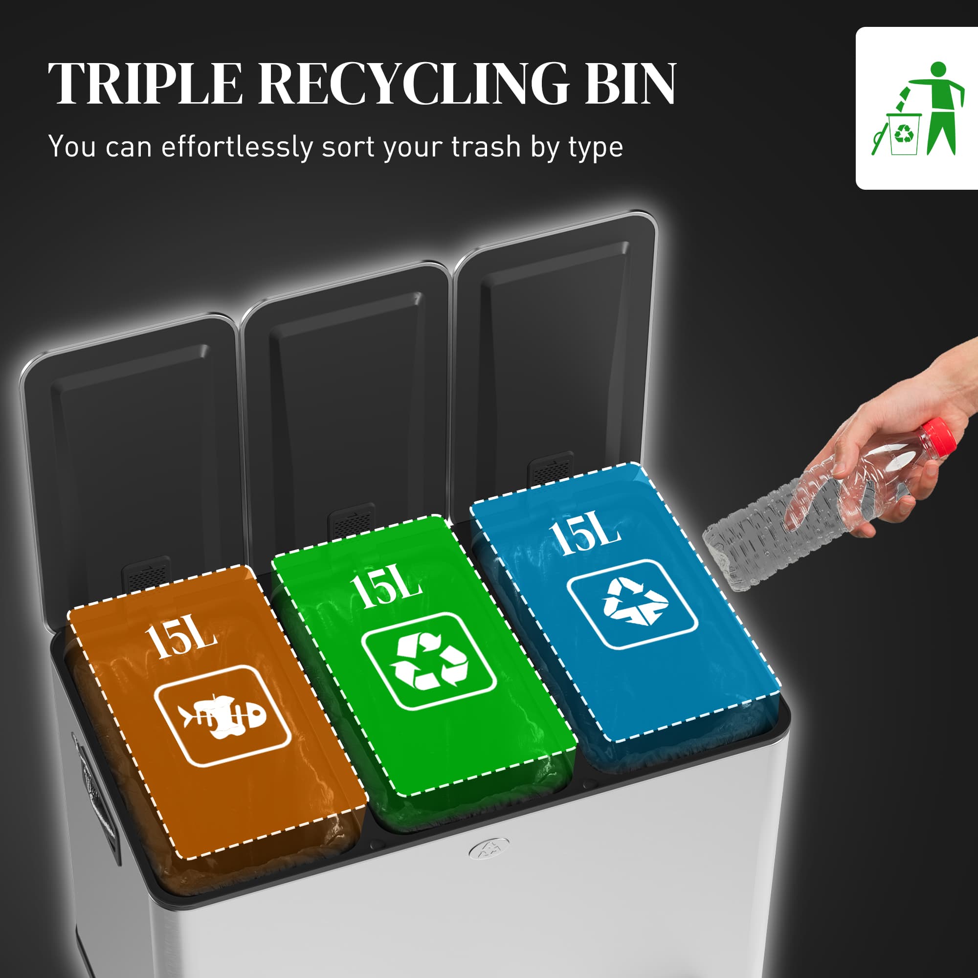 Triple Pedal Bin for Kitchen Waste Sorting, 45 L Total - image 3