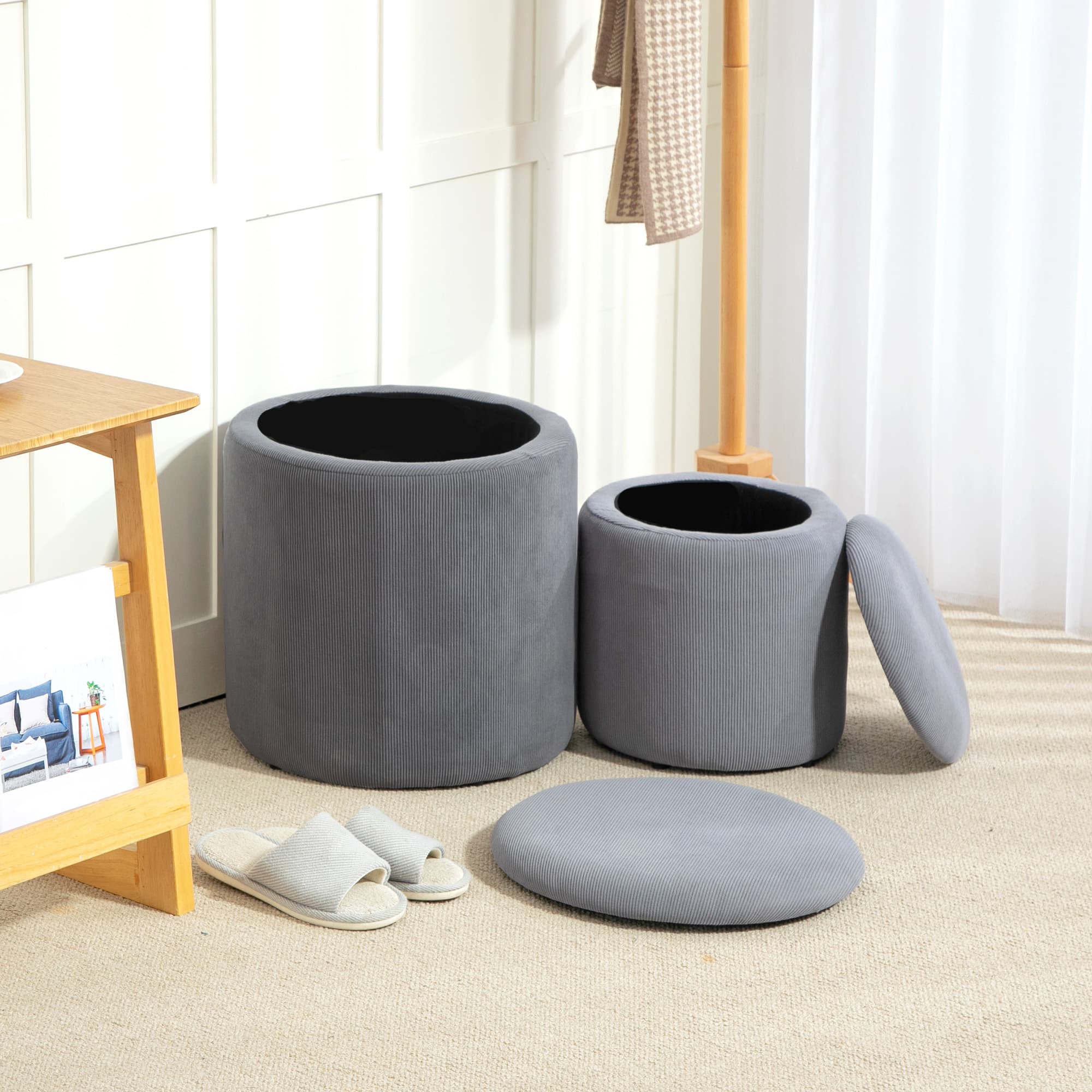 Two Nesting Grey Corduroy Storage Ottomans — Large and Small - image 7