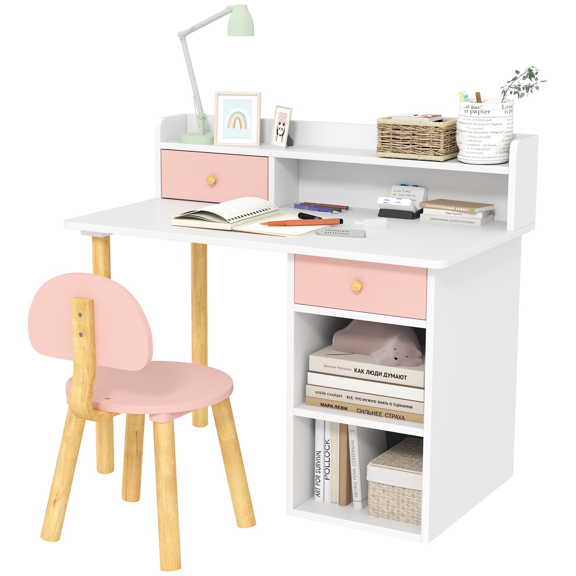 Inspiring Pink Kids Desk and Chair Set with Storage Hutch - Pink